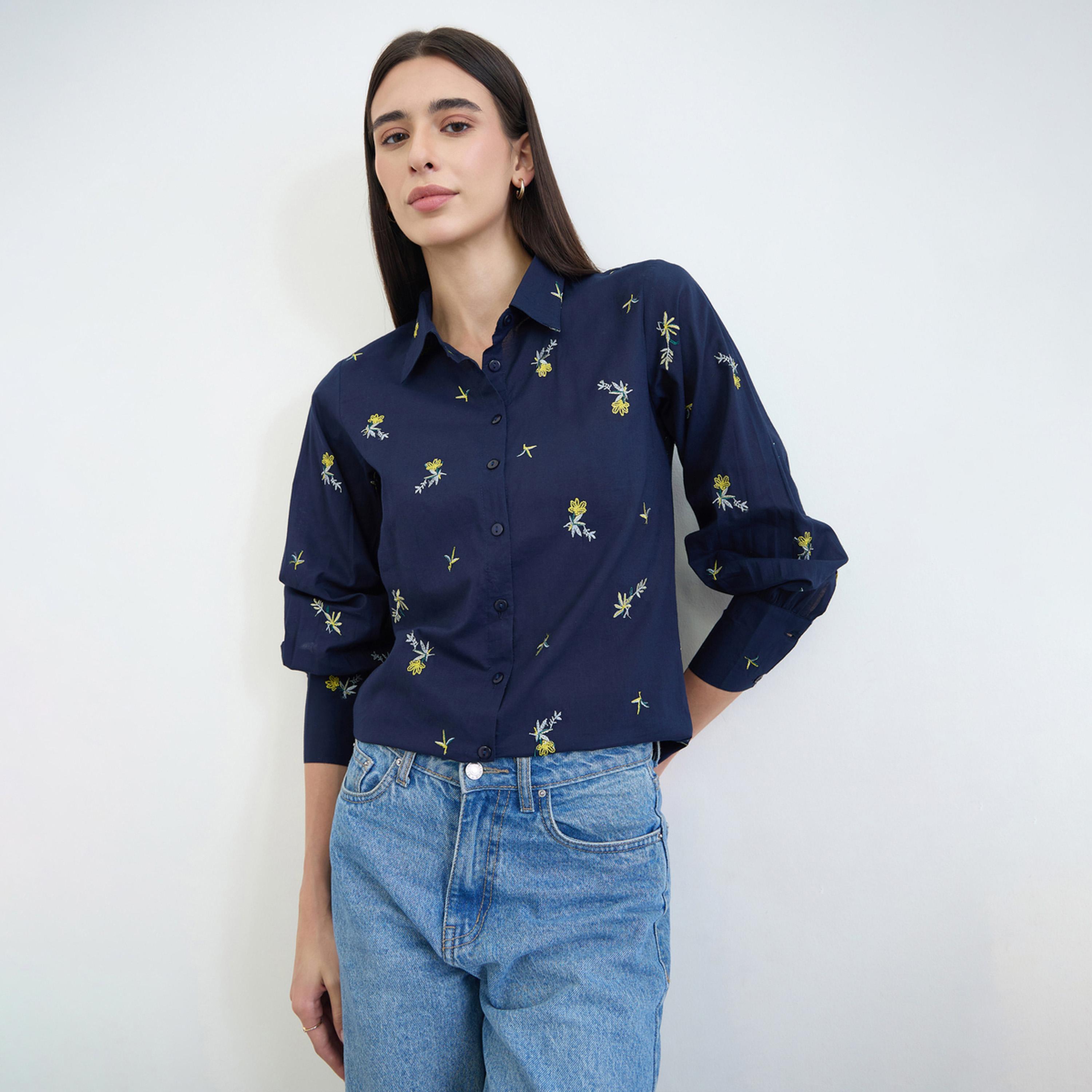 Styli Navy Floral Embroidered Long Sleeve Shirt-women-clothing-shirtsandblouses-shirts-image-1