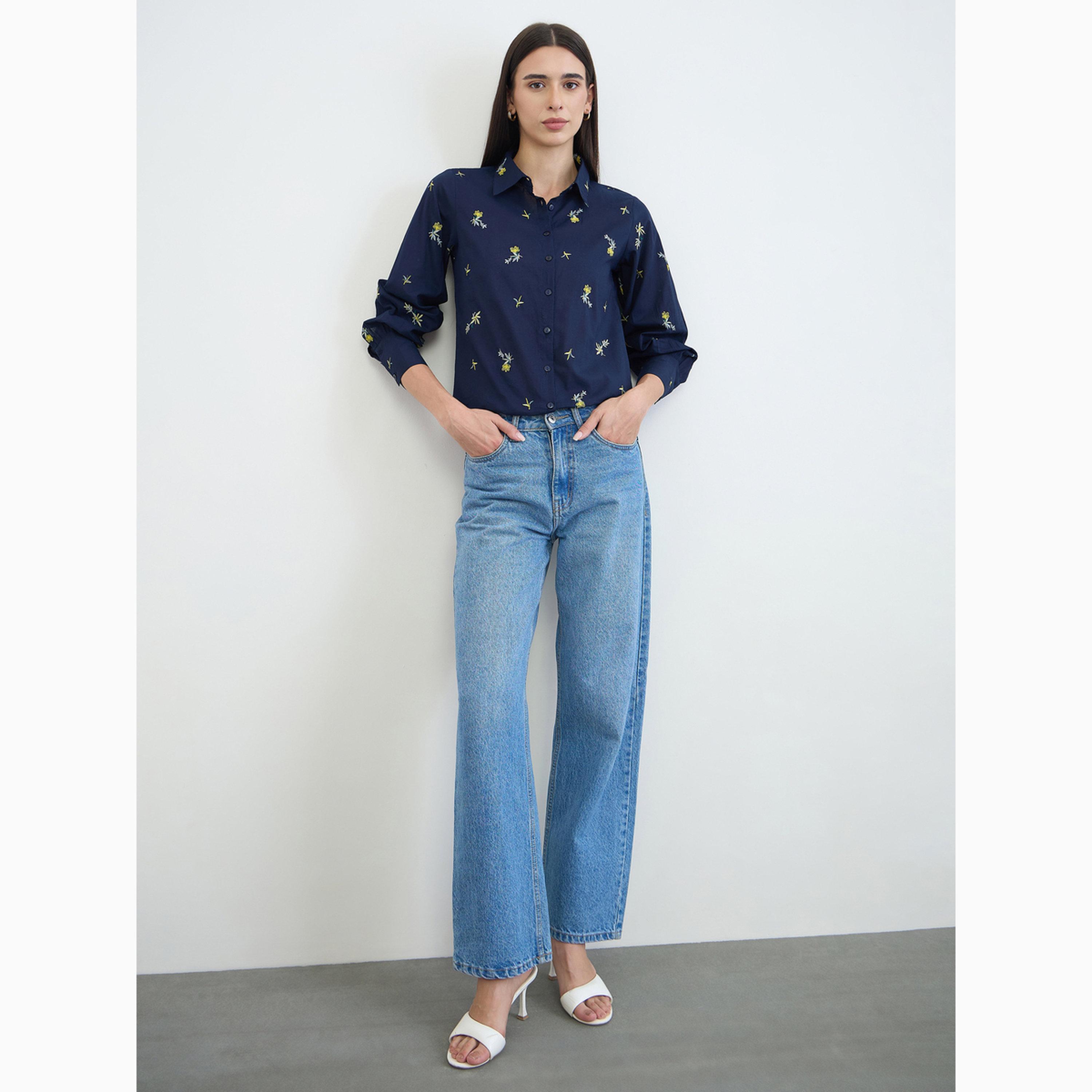 Styli Navy Floral Embroidered Long Sleeve Shirt-women-clothing-shirtsandblouses-shirts-image-2