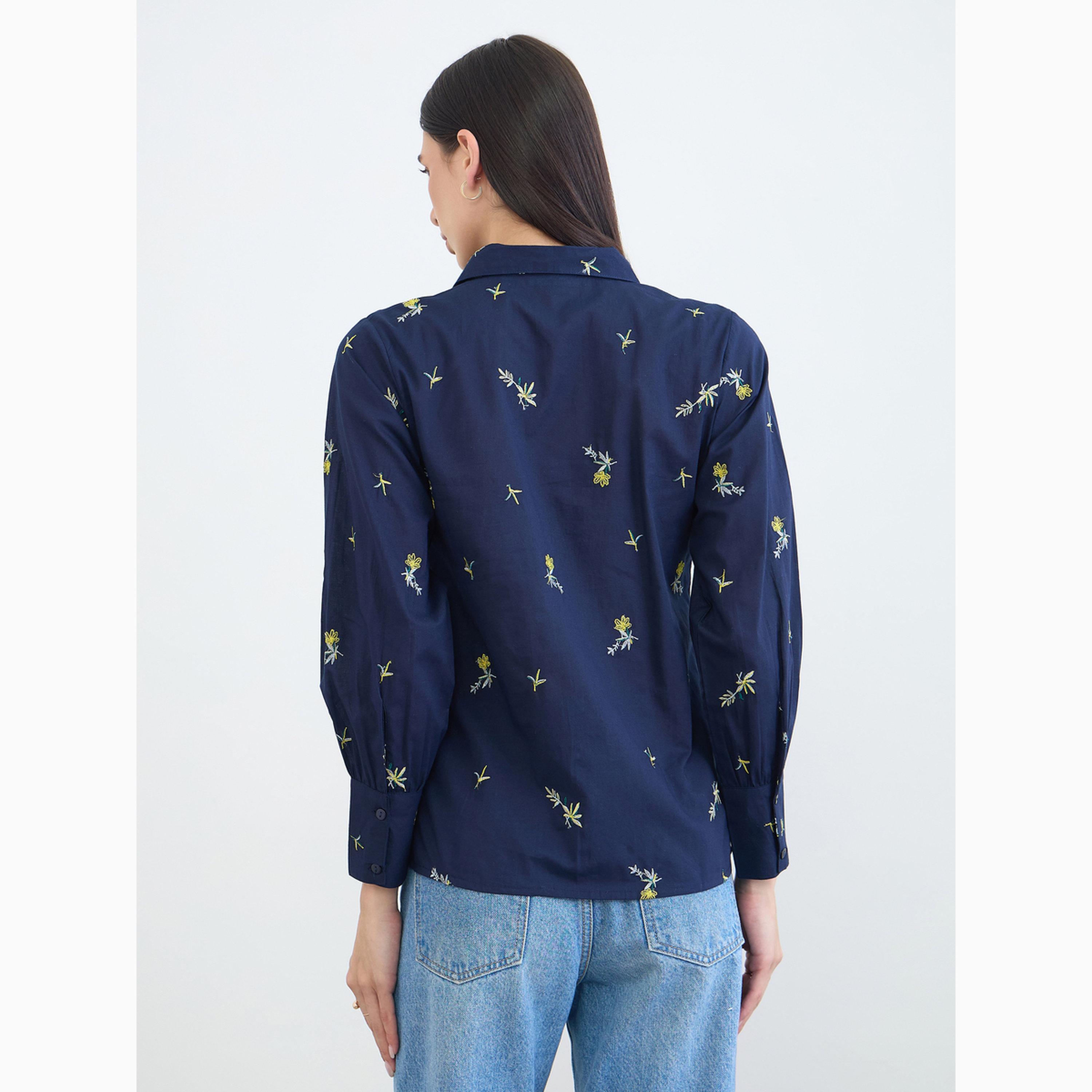 Styli Navy Floral Embroidered Long Sleeve Shirt-women-clothing-shirtsandblouses-shirts-image-4