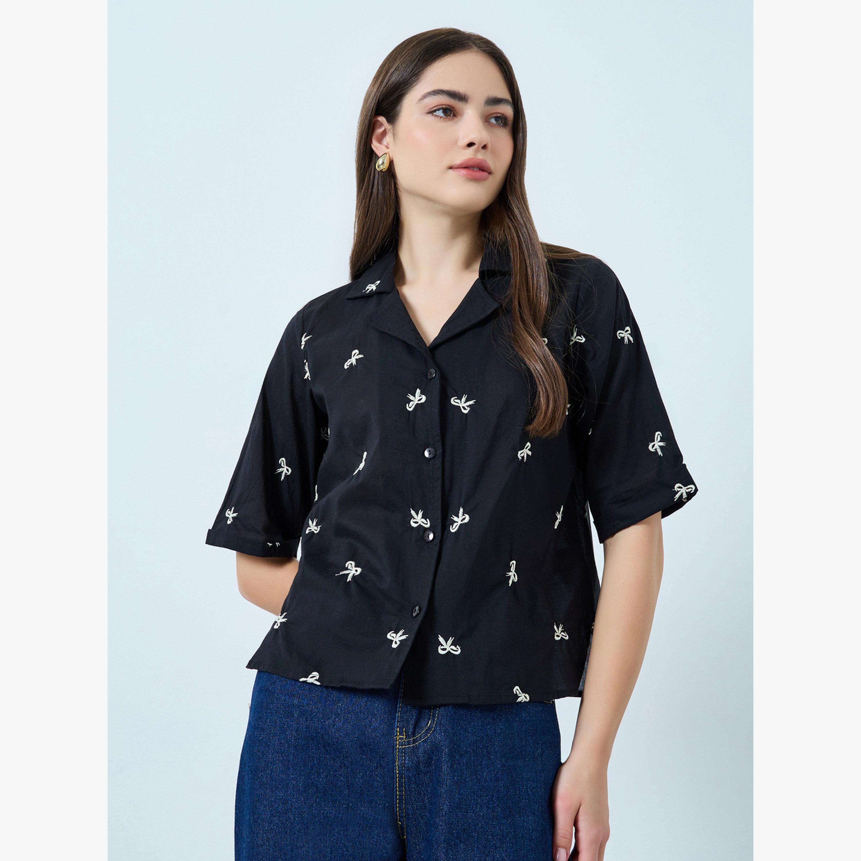 Styli Black Bow Embroidered Detailing Top-women-clothing-shirtsandblouses-shirts-image-1