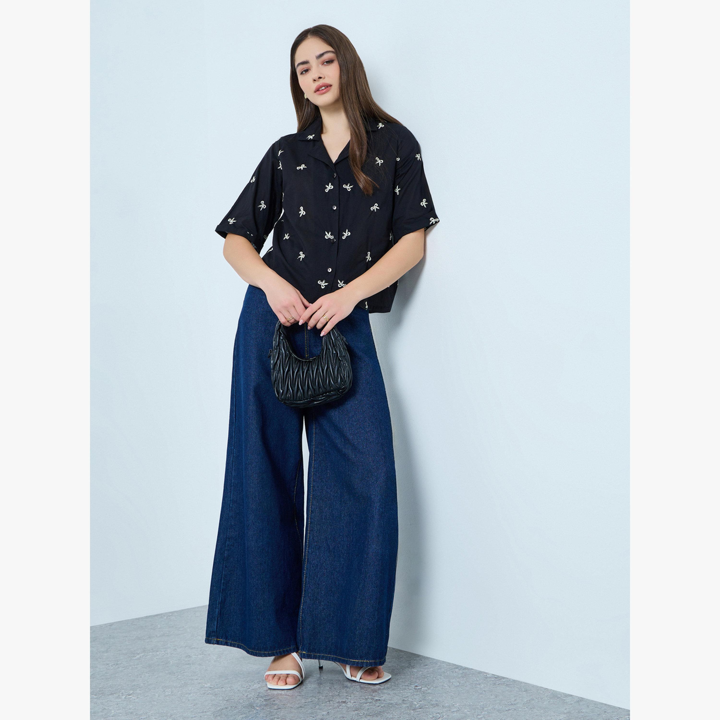 Styli Black Bow Embroidered Detailing Top-women-clothing-shirtsandblouses-shirts-image-2