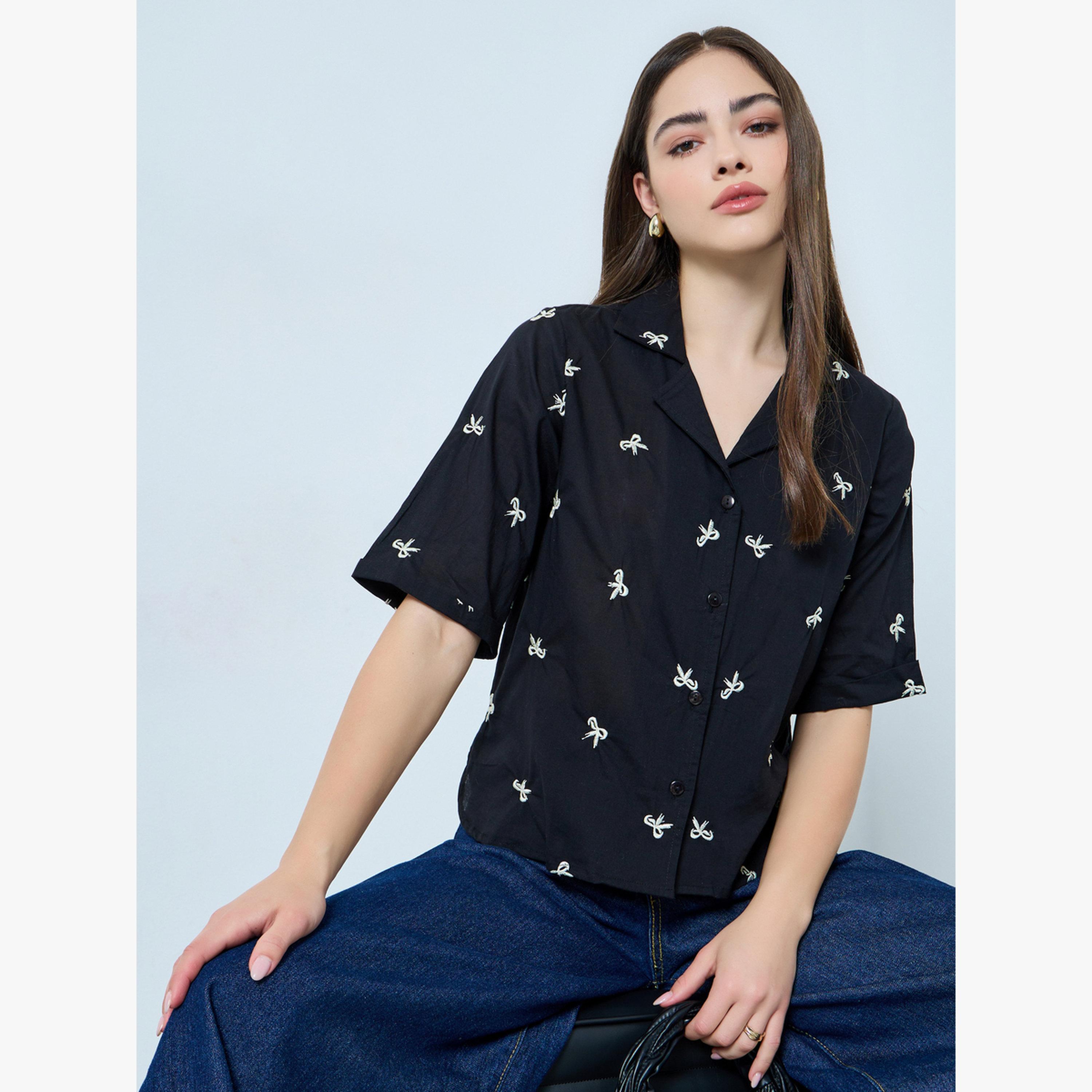 Styli Black Bow Embroidered Detailing Top-women-clothing-shirtsandblouses-shirts-image-3