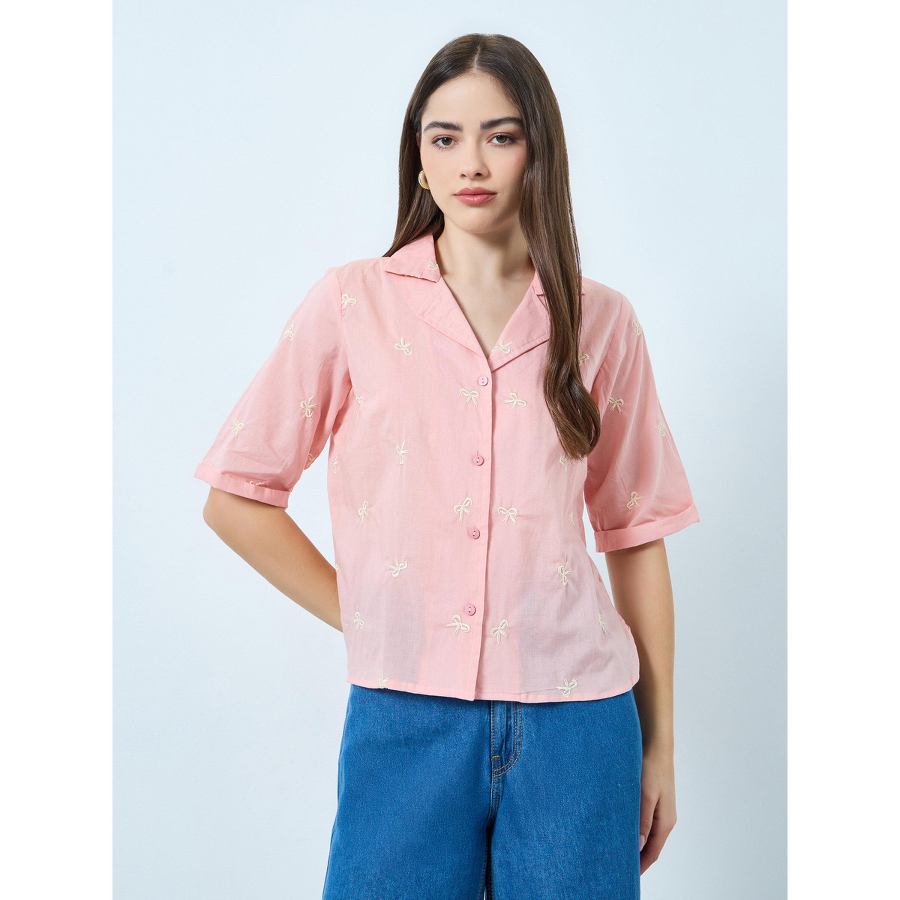 Styli Pink Bow Embroidered Detail Cotton Shirt-women-clothing-shirtsandblouses-shirts-image-1