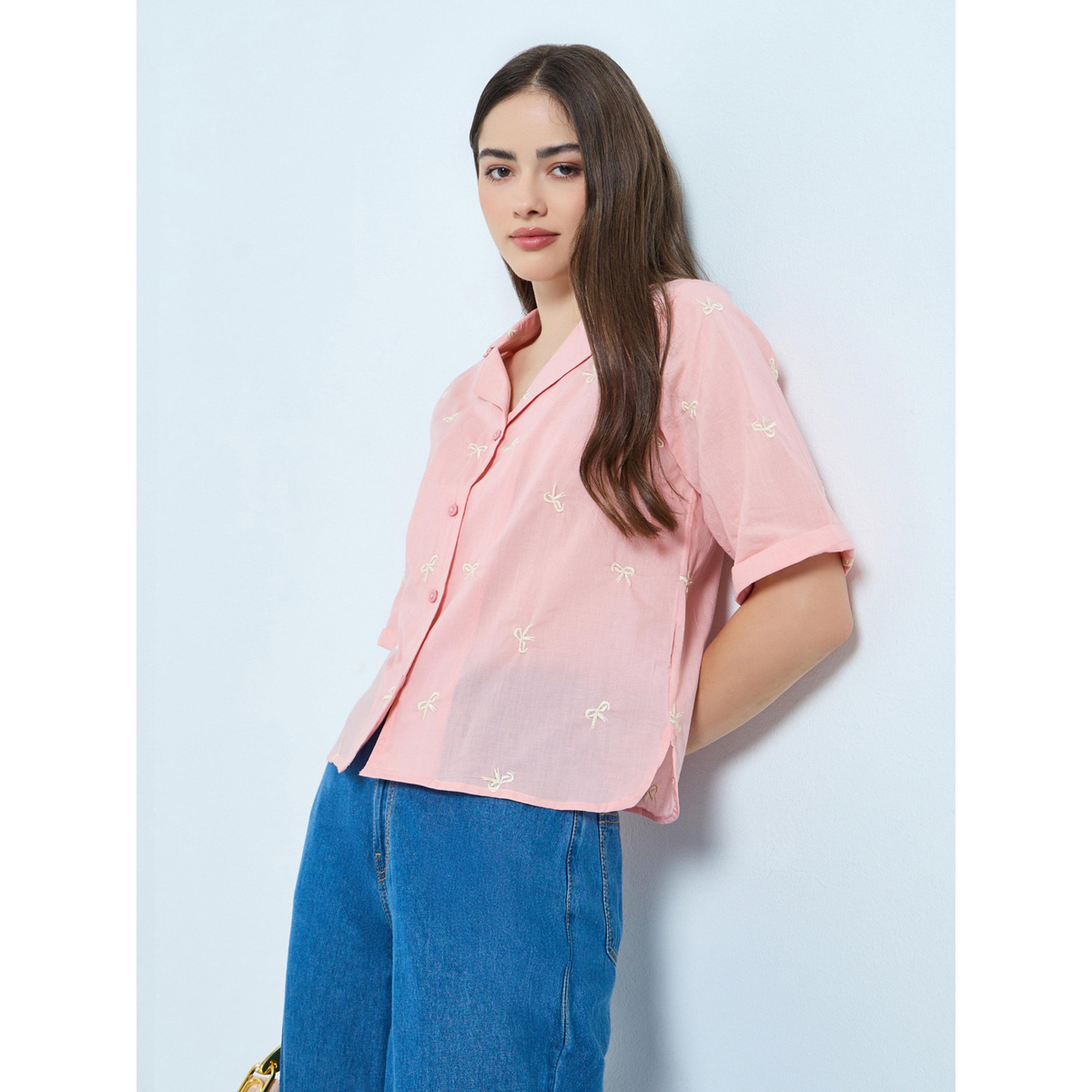 Styli Pink Bow Embroidered Detail Cotton Shirt-women-clothing-shirtsandblouses-shirts-image-3