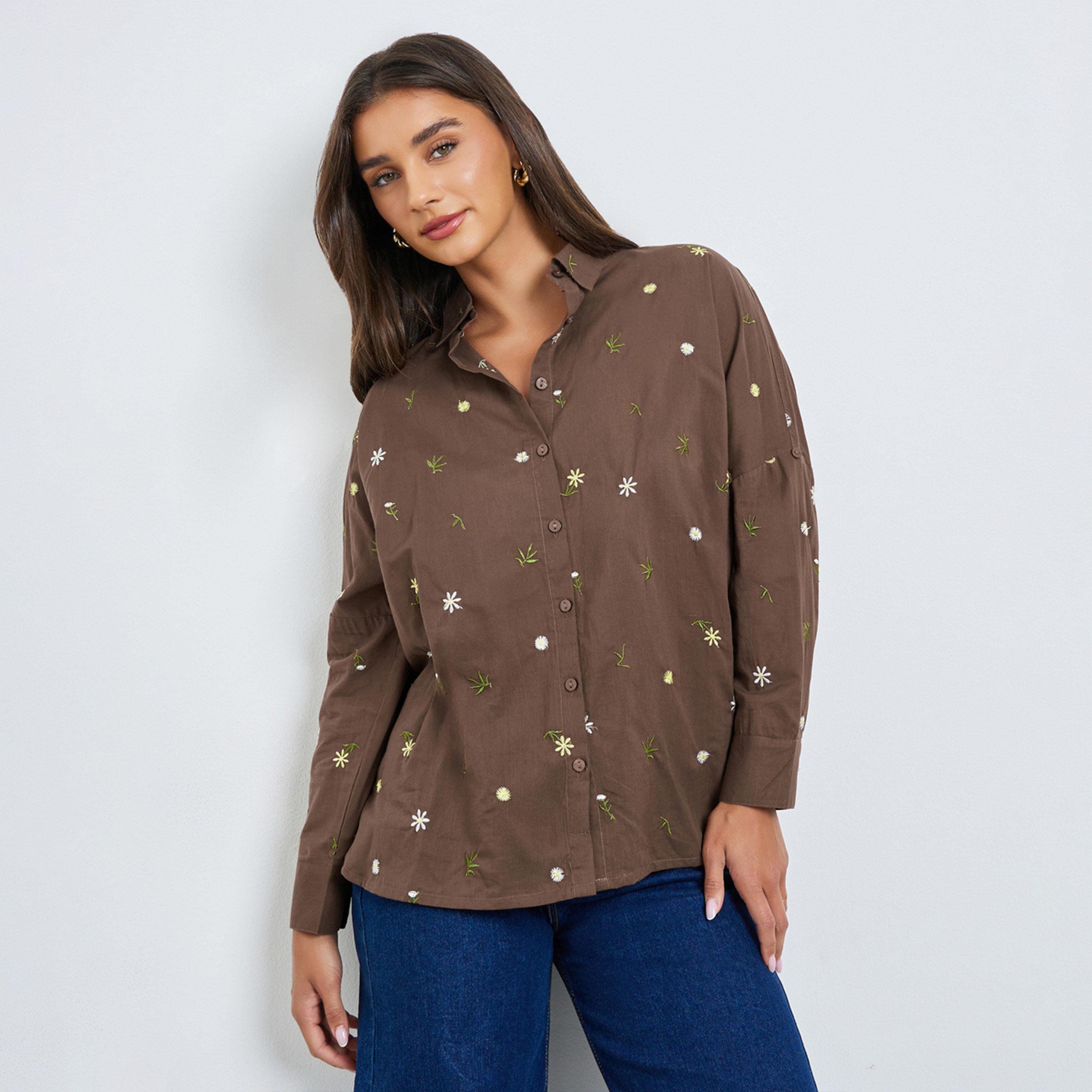 Styli Brown Embroidered Linen Look Longline Shirt-women-clothing-shirtsandblouses-shirts-image-1
