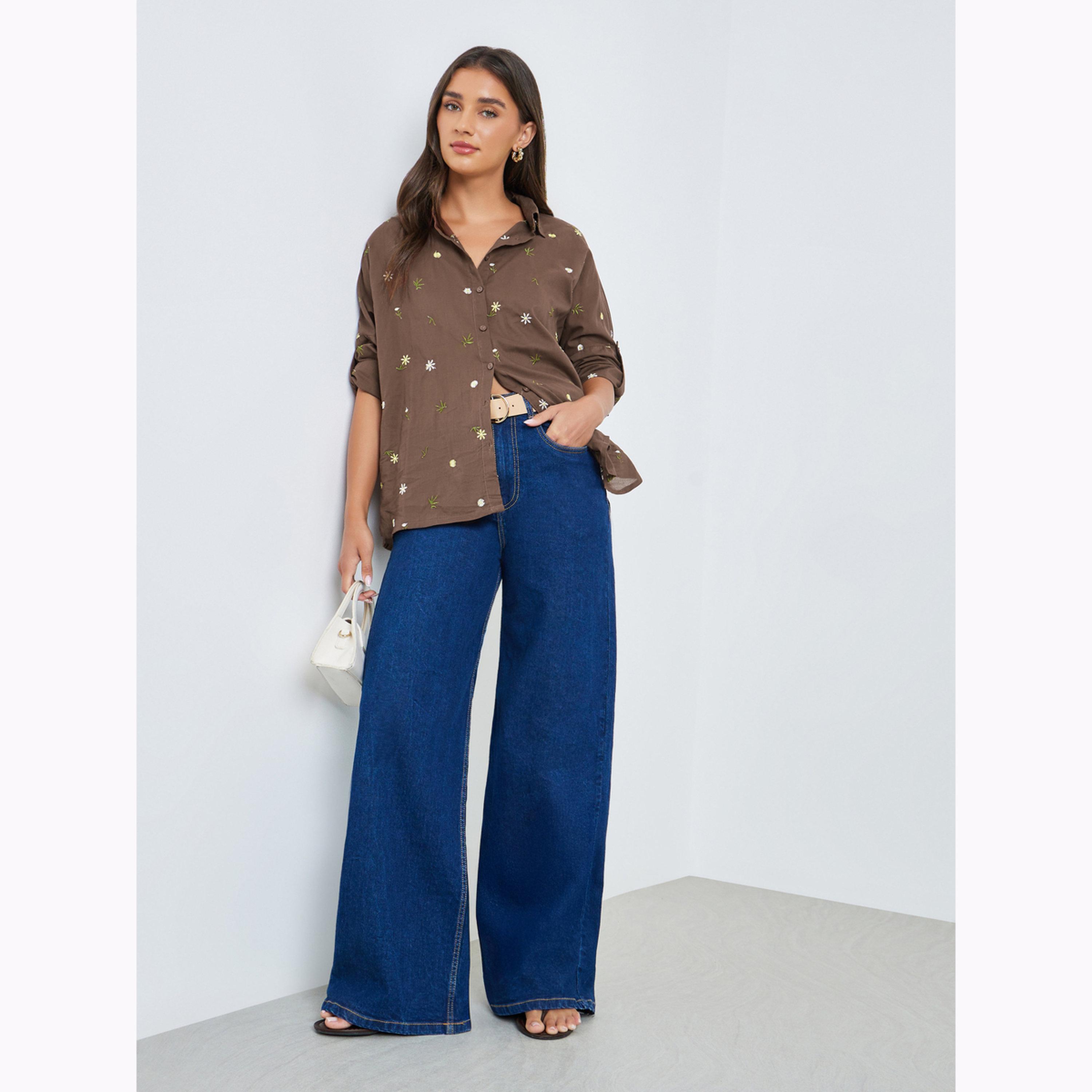 Styli Brown Embroidered Linen Look Longline Shirt-women-clothing-shirtsandblouses-shirts-image-2