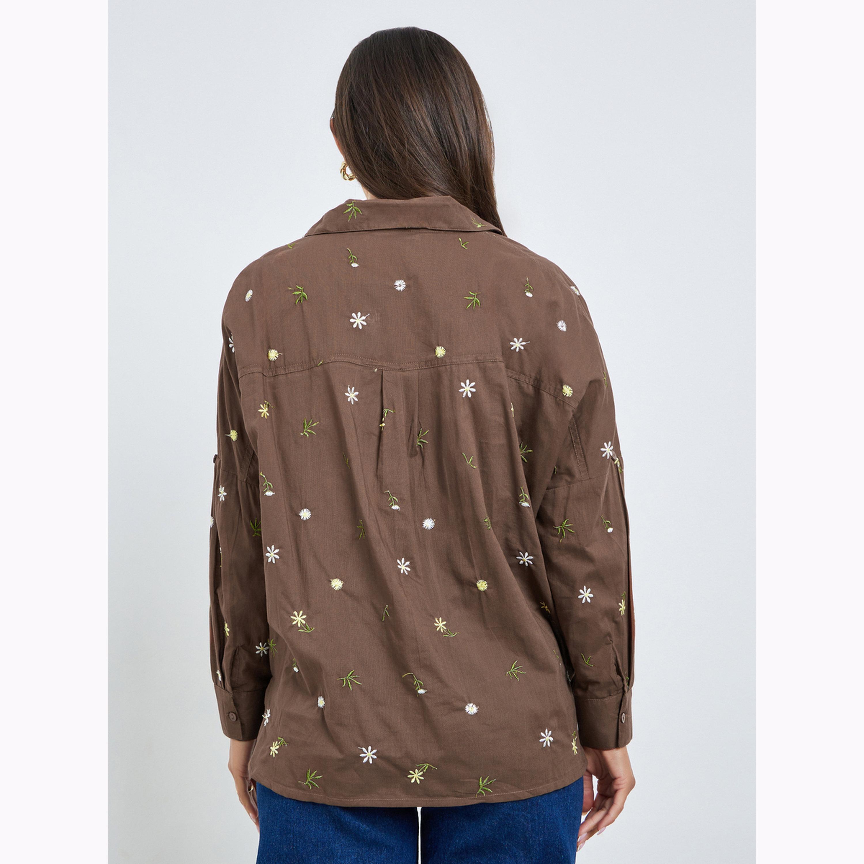 Styli Brown Embroidered Linen Look Longline Shirt-women-clothing-shirtsandblouses-shirts-image-4