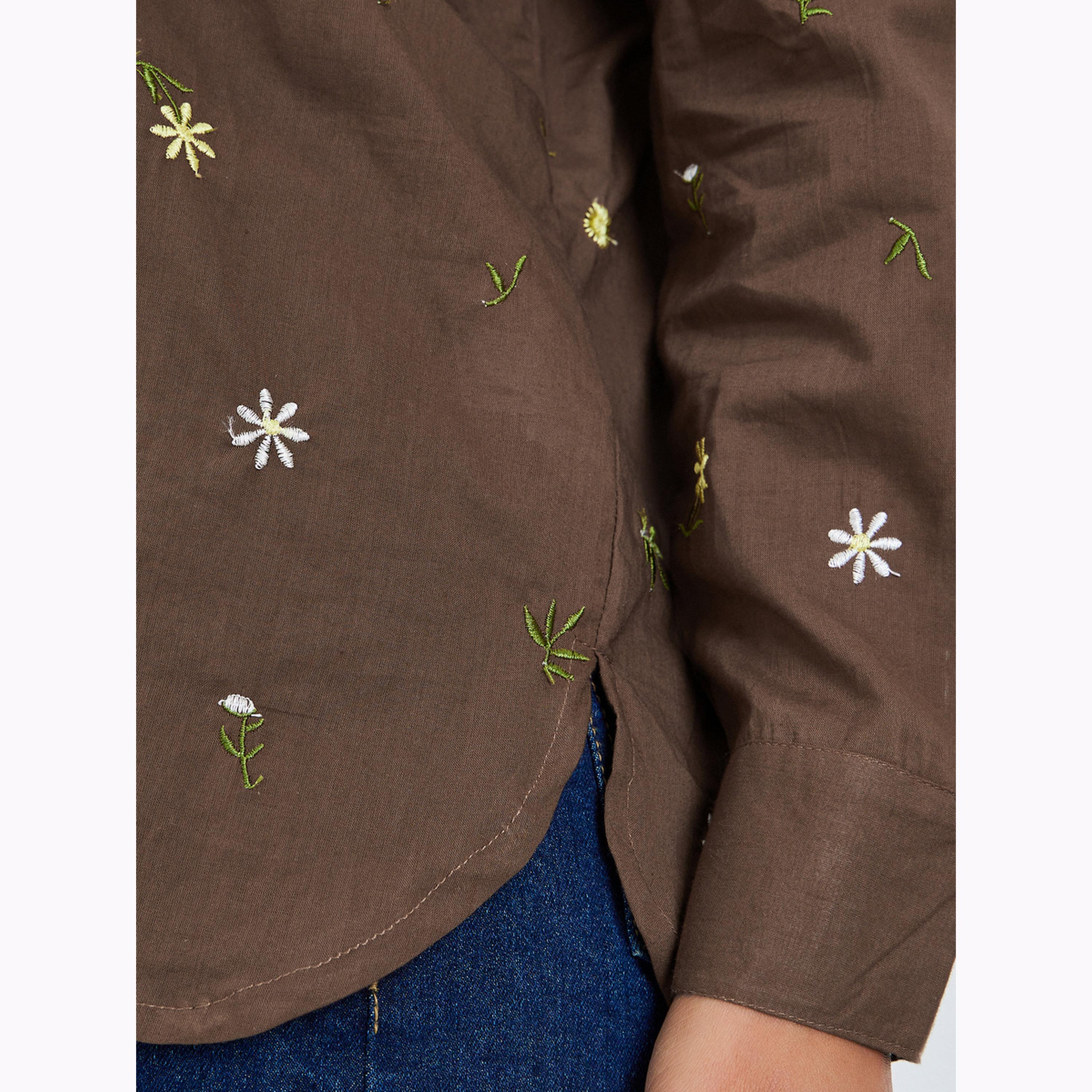 Styli Brown Embroidered Linen Look Longline Shirt-women-clothing-shirtsandblouses-shirts-image-5