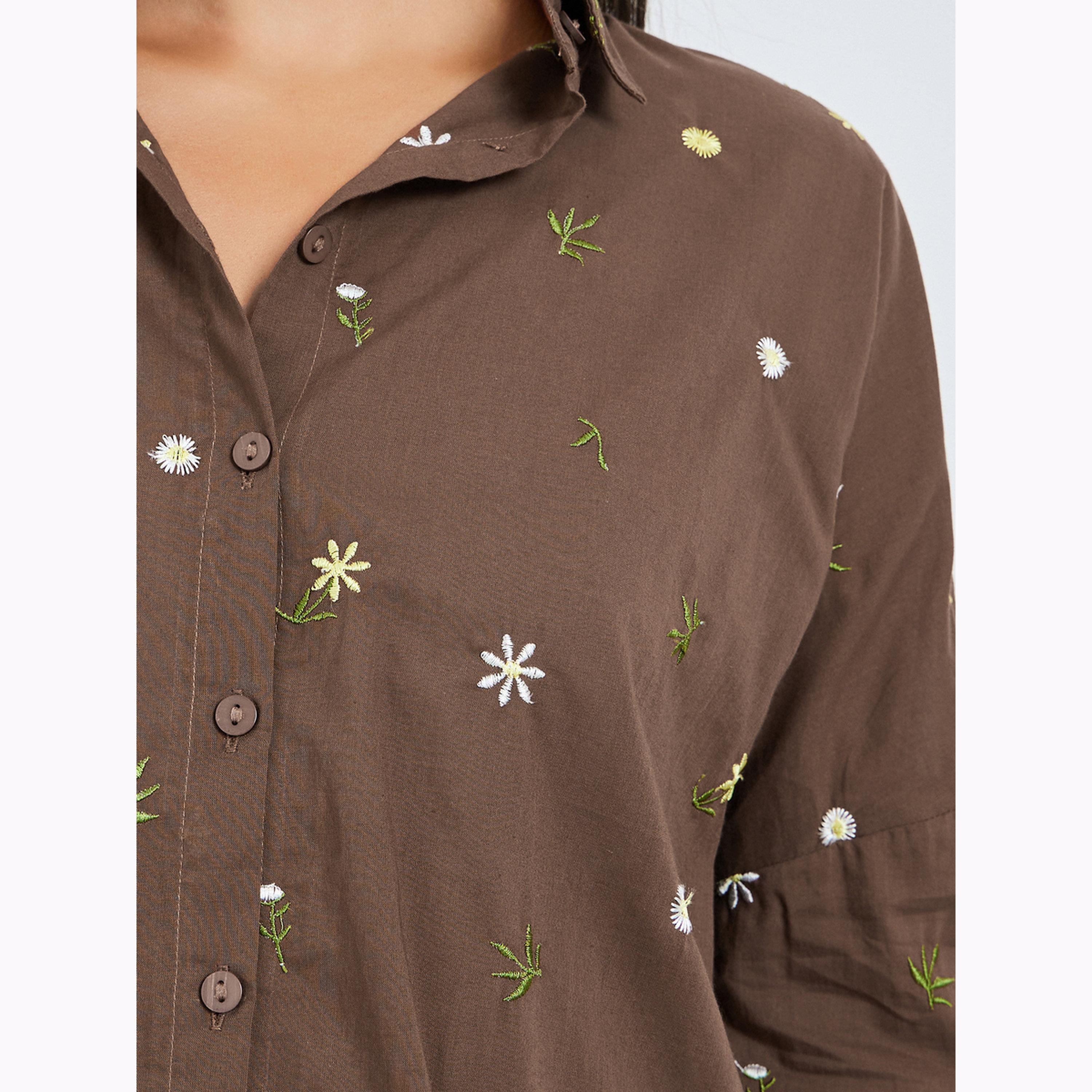 Styli Brown Embroidered Linen Look Longline Shirt-women-clothing-shirtsandblouses-shirts-image-6