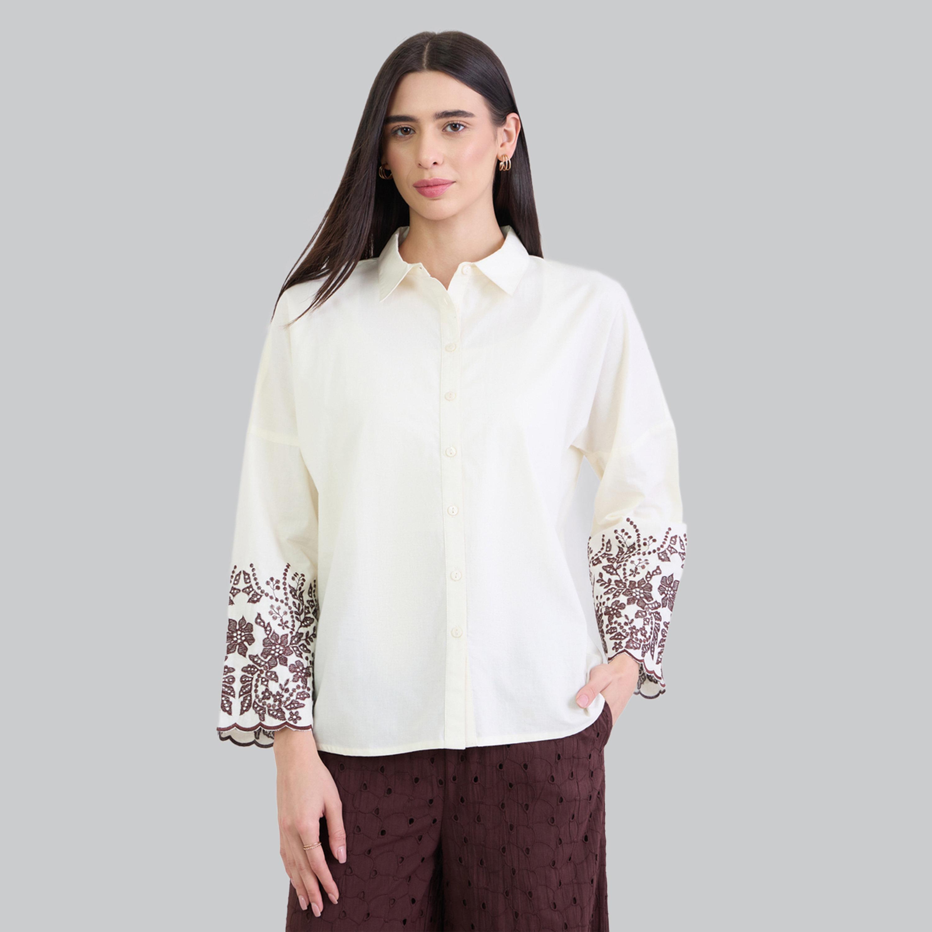 Styli Off-White Embroidered Long Sleeve Oversized Shirt-women-clothing-shirtsandblouses-shirts-image-1