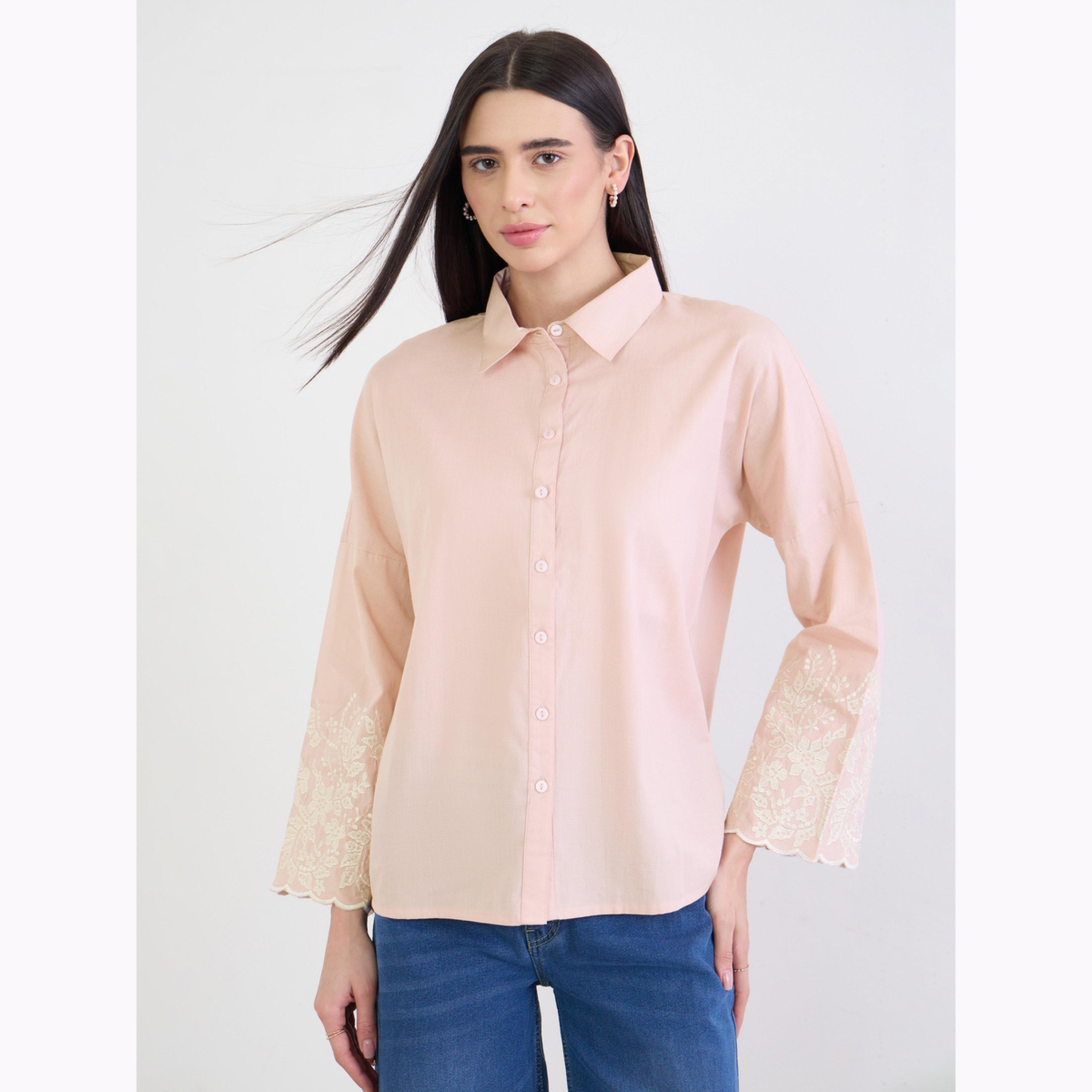Styli Pink Embroidered Long Sleeve Oversized Shirt-women-clothing-shirtsandblouses-shirts-image-1