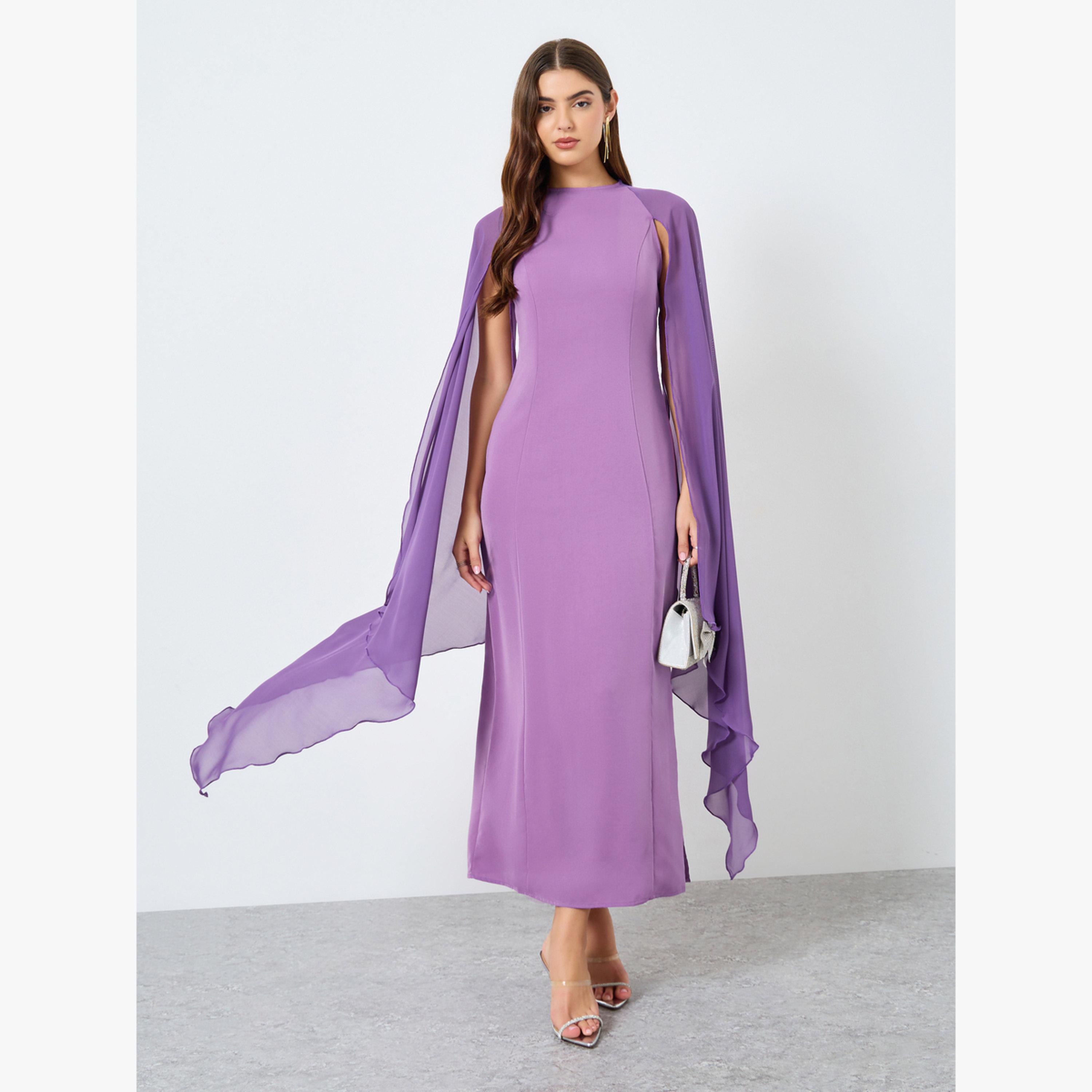 Buy Take Two Solid Purple Cape Sleeve Maxi Dress Online
