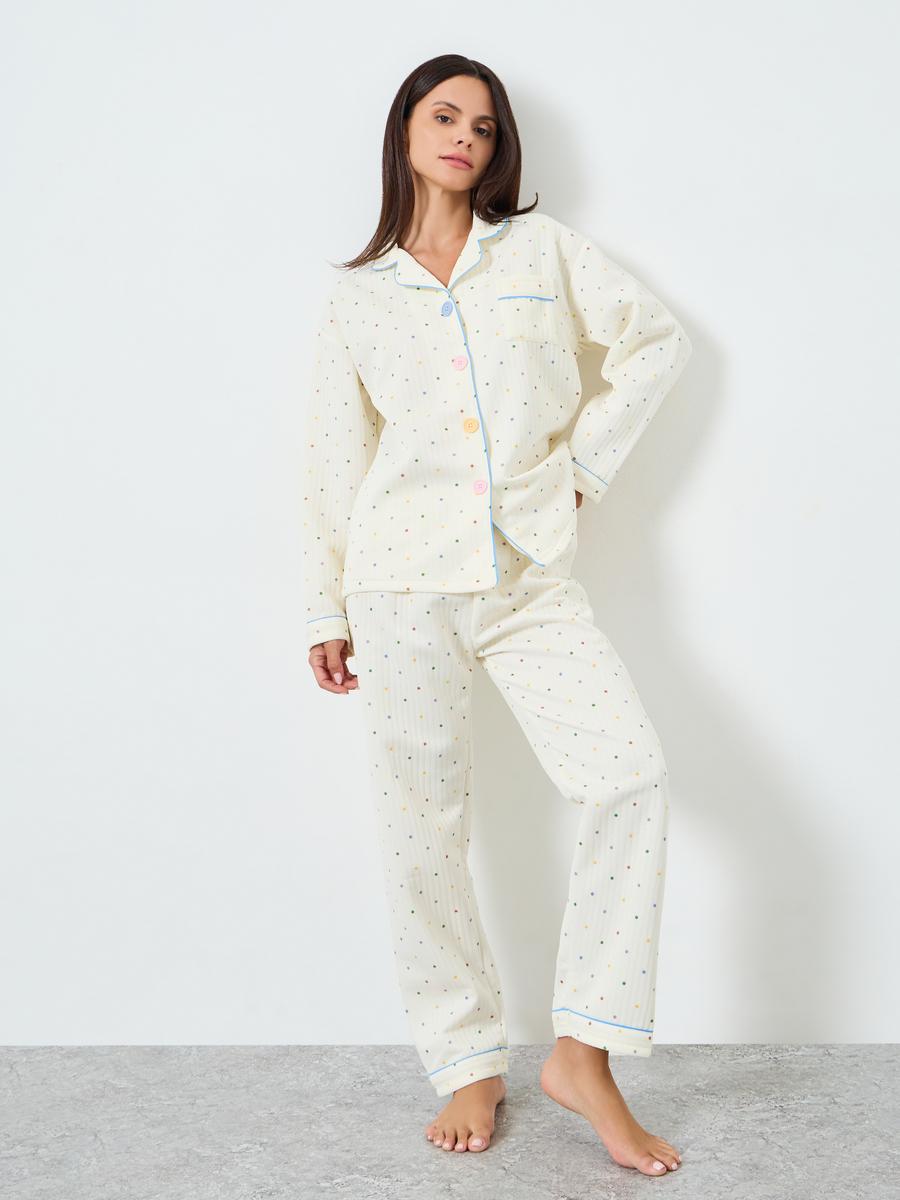 طقم بيجاما من بنطال وبلوزة بطبعة بولكا وقماش بارز الملمس-women-clothing-nightwear-pyjamas-longsets-image-1