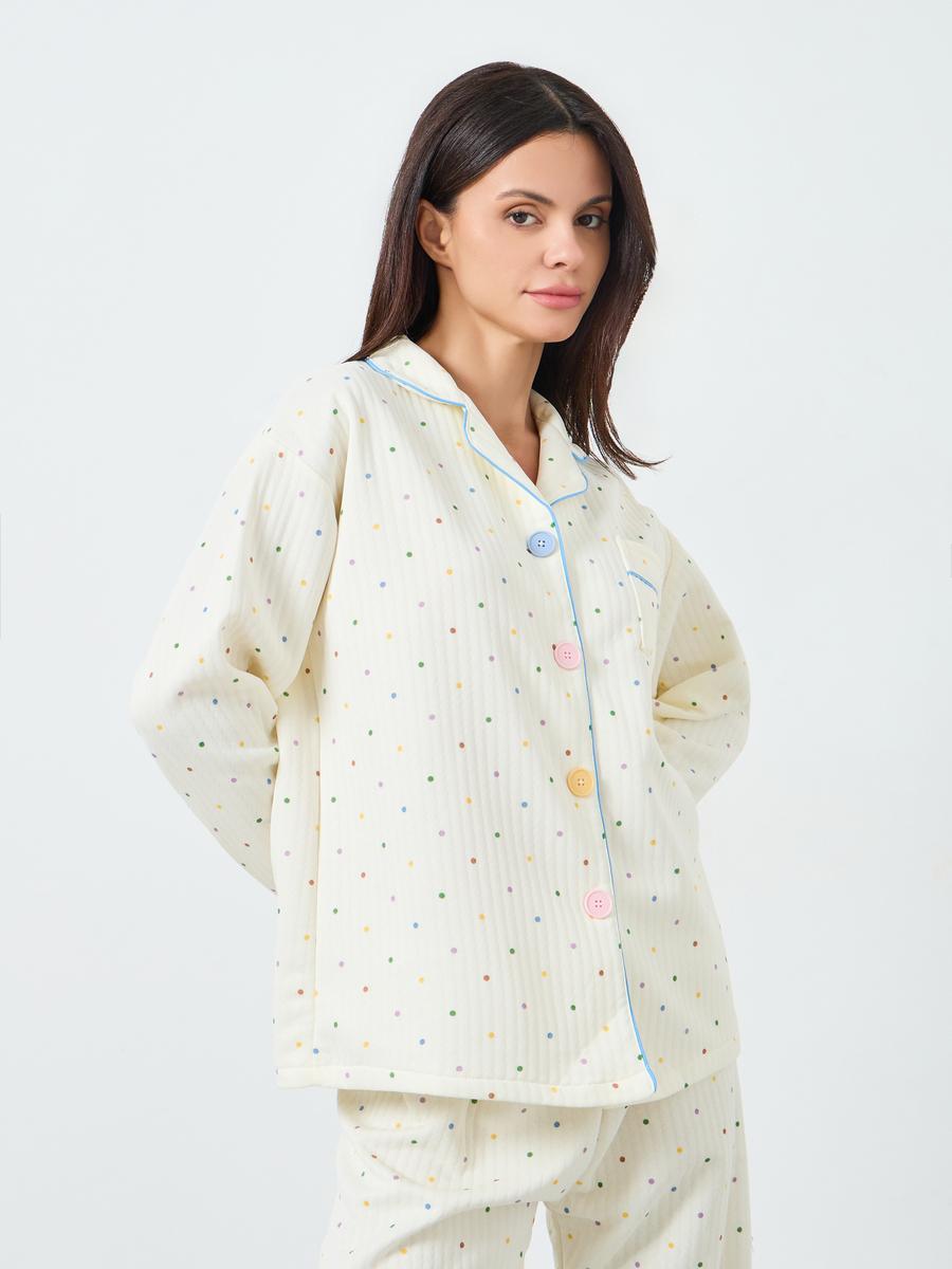 طقم بيجاما من بنطال وبلوزة بطبعة بولكا وقماش بارز الملمس-women-clothing-nightwear-pyjamas-longsets-image-2