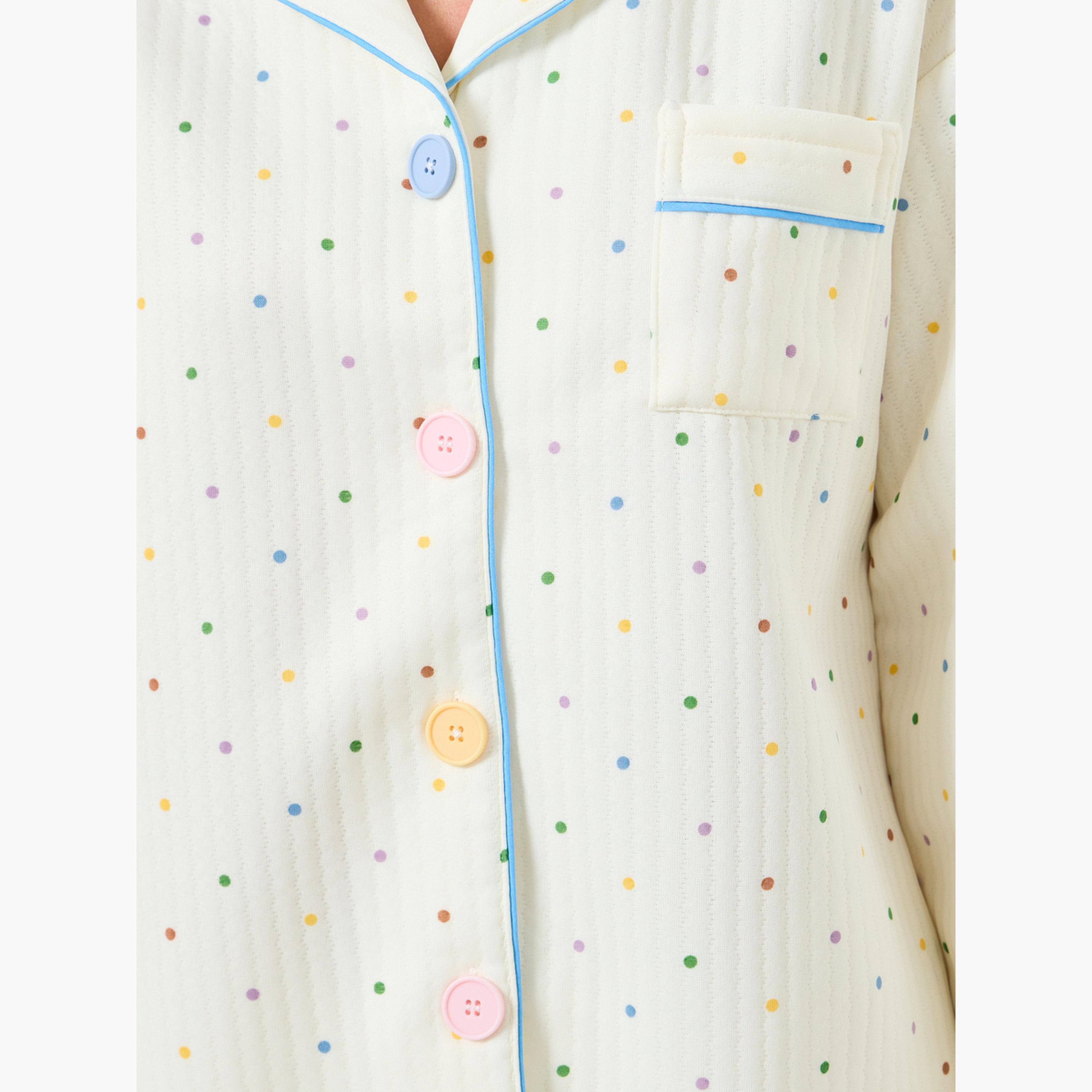 طقم بيجاما من بنطال وبلوزة بطبعة بولكا وقماش بارز الملمس-women-clothing-nightwear-pyjamas-longsets-image-3