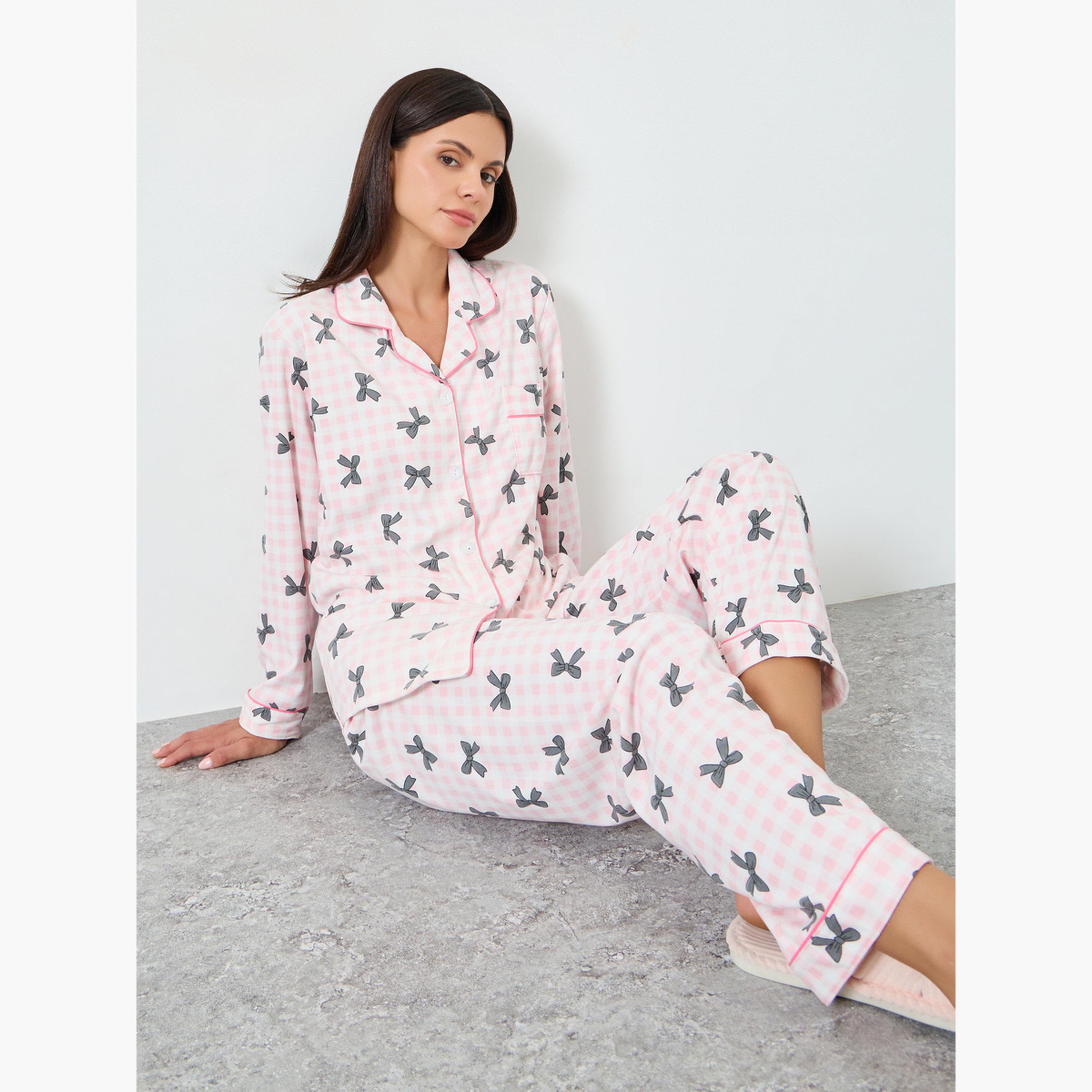 Styli Check Bow Print Shirt and Pyjama Set-women-clothing-nightwear-pyjamas-longsets-image-2