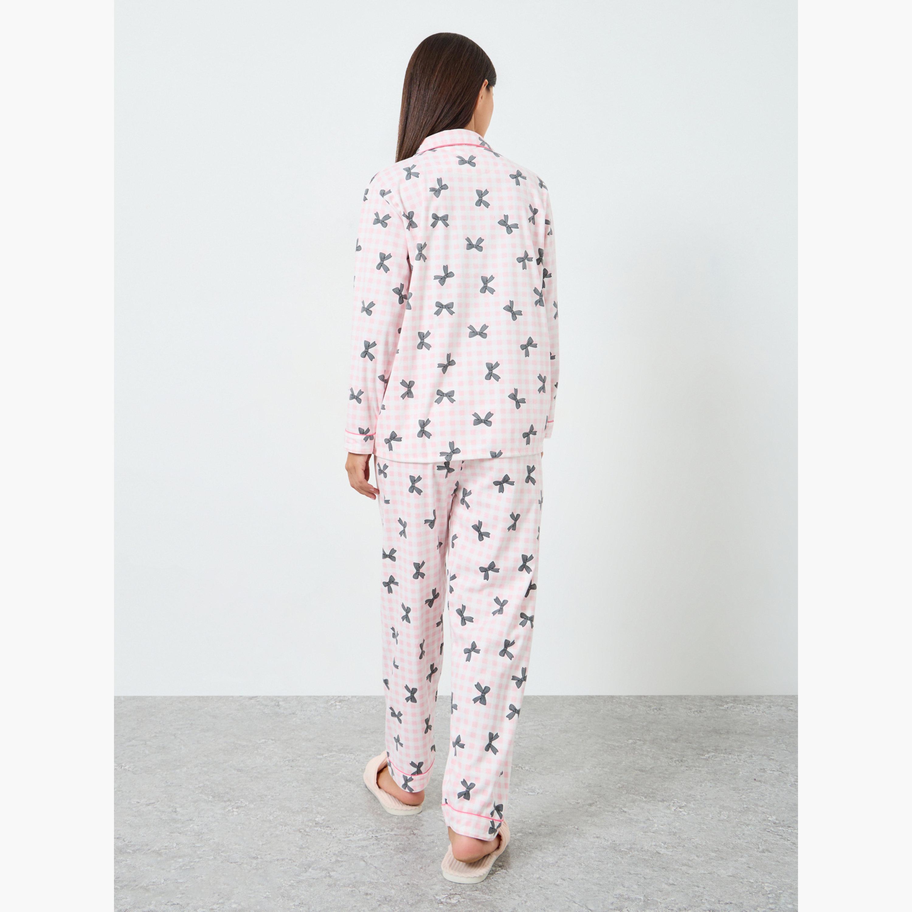 Styli Check Bow Print Shirt and Pyjama Set-women-clothing-nightwear-pyjamas-longsets-image-6