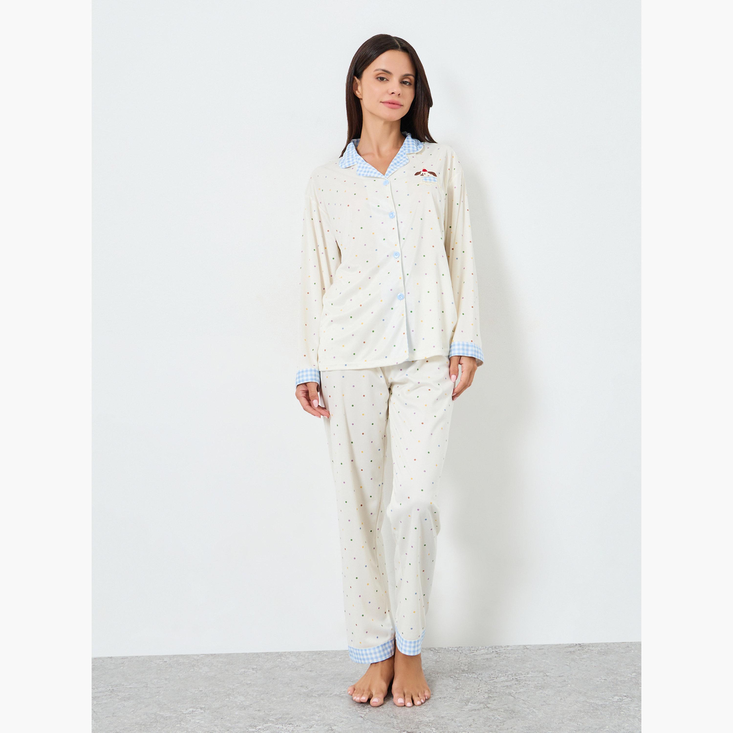 طقم قميص بأزرار وبنطال بيجاما بطبعة منقطة-women-clothing-nightwear-pyjamas-longsets-image-1