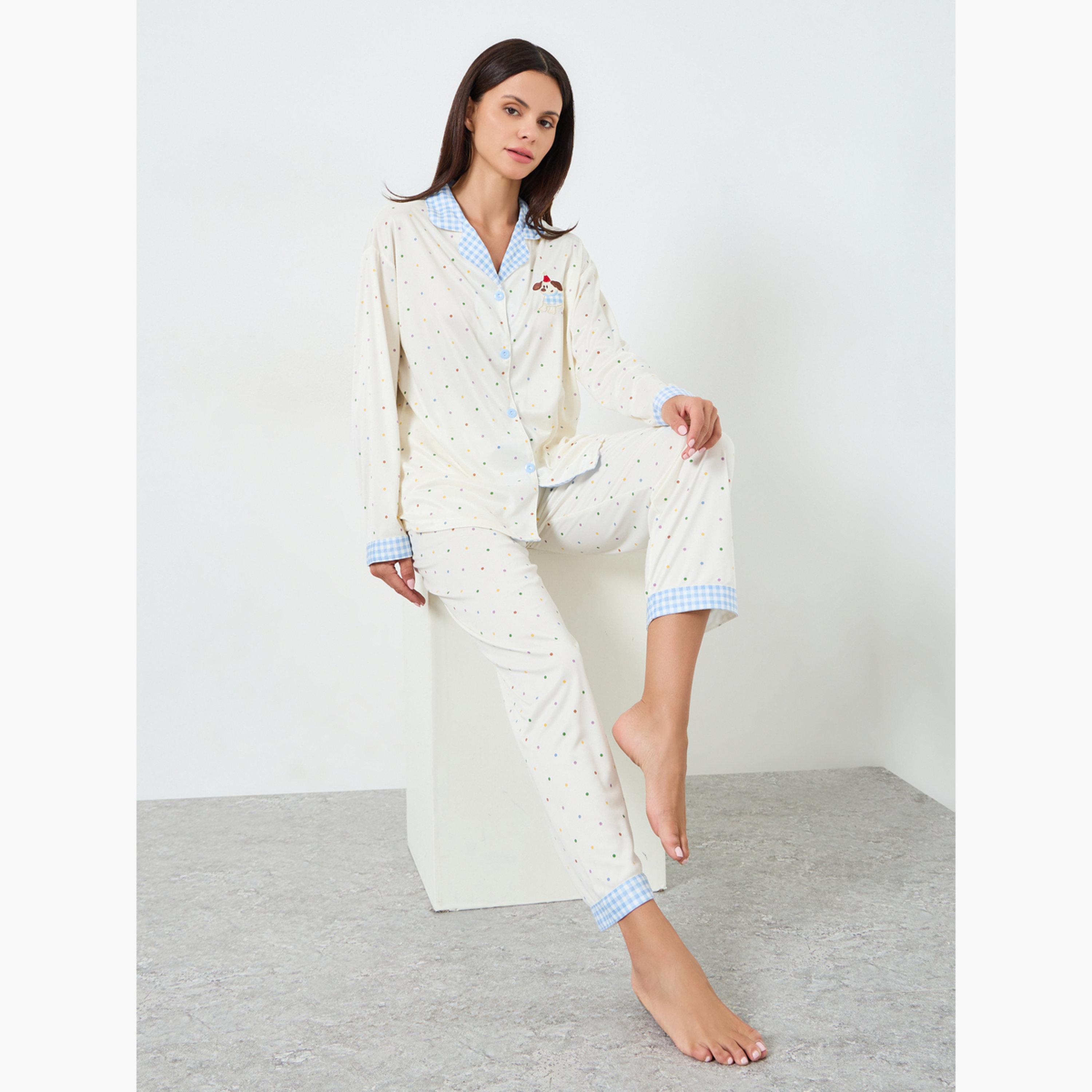 طقم قميص بأزرار وبنطال بيجاما بطبعة منقطة-women-clothing-nightwear-pyjamas-longsets-image-2