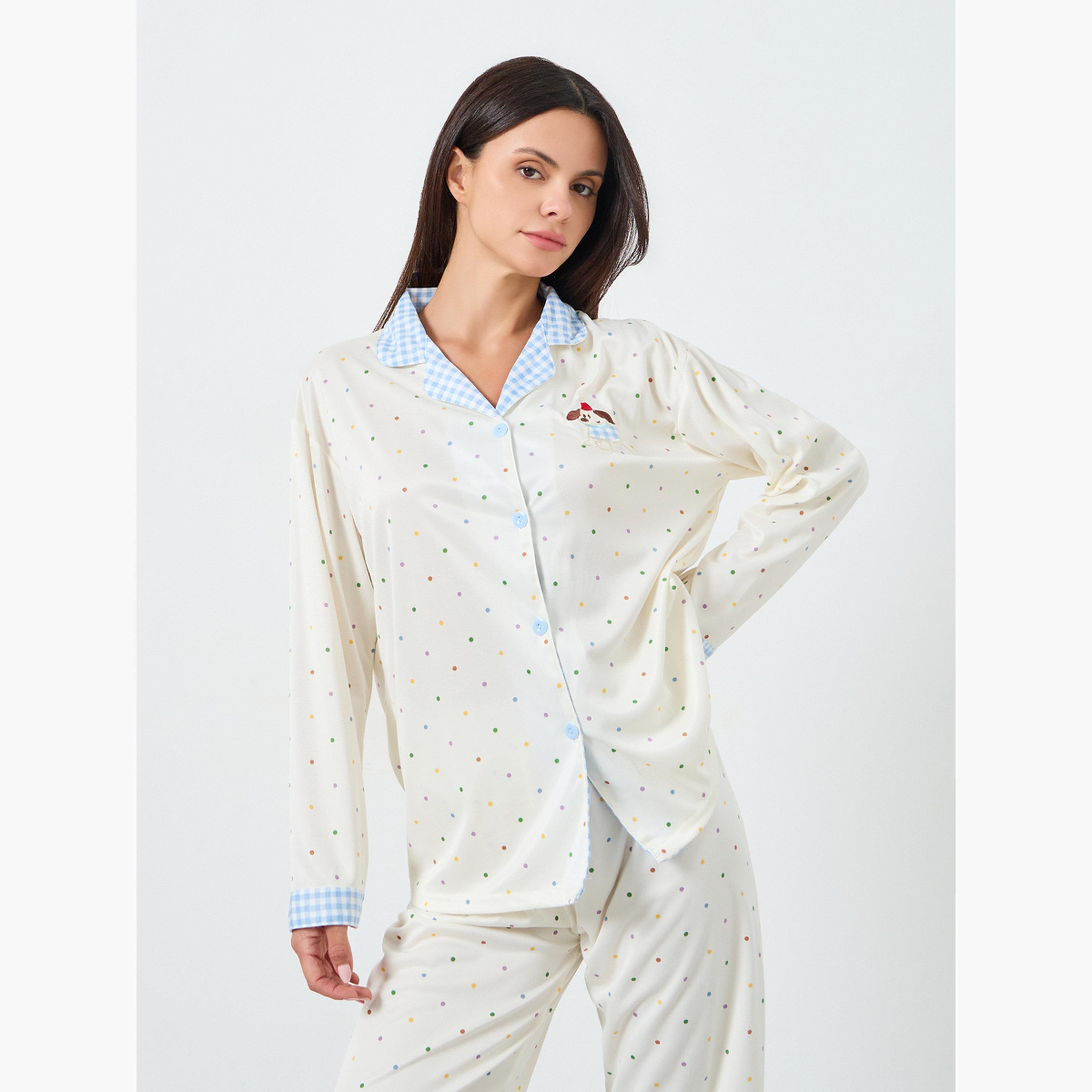 طقم قميص بأزرار وبنطال بيجاما بطبعة منقطة-women-clothing-nightwear-pyjamas-longsets-image-3
