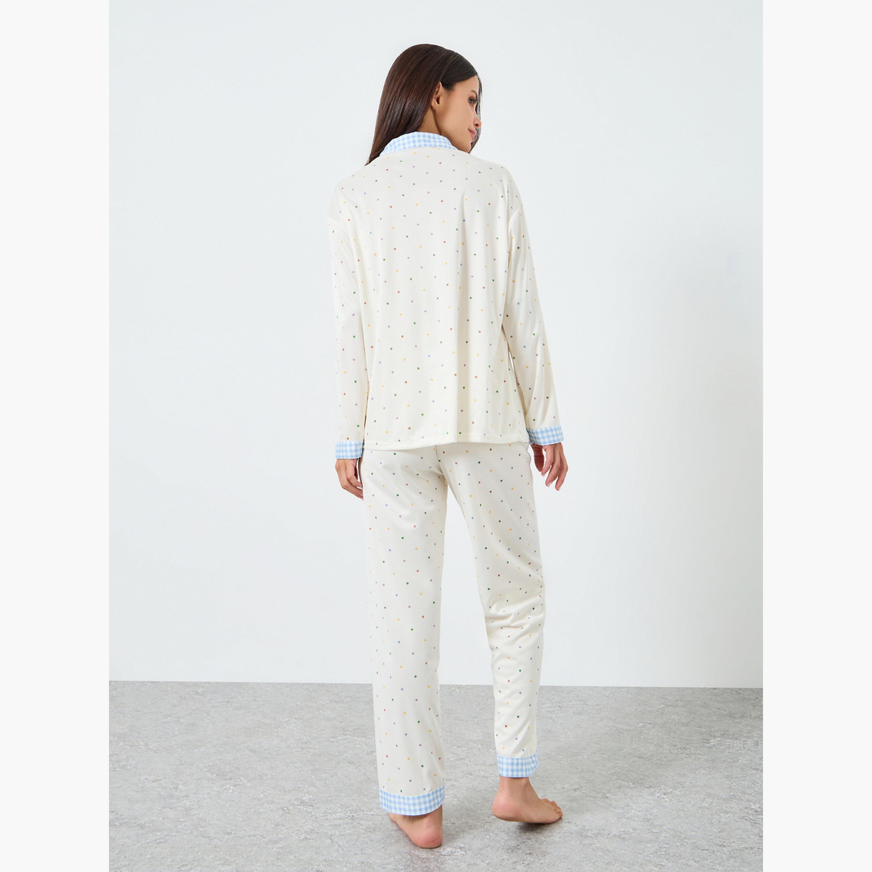 طقم قميص بأزرار وبنطال بيجاما بطبعة منقطة-women-clothing-nightwear-pyjamas-longsets-image-4