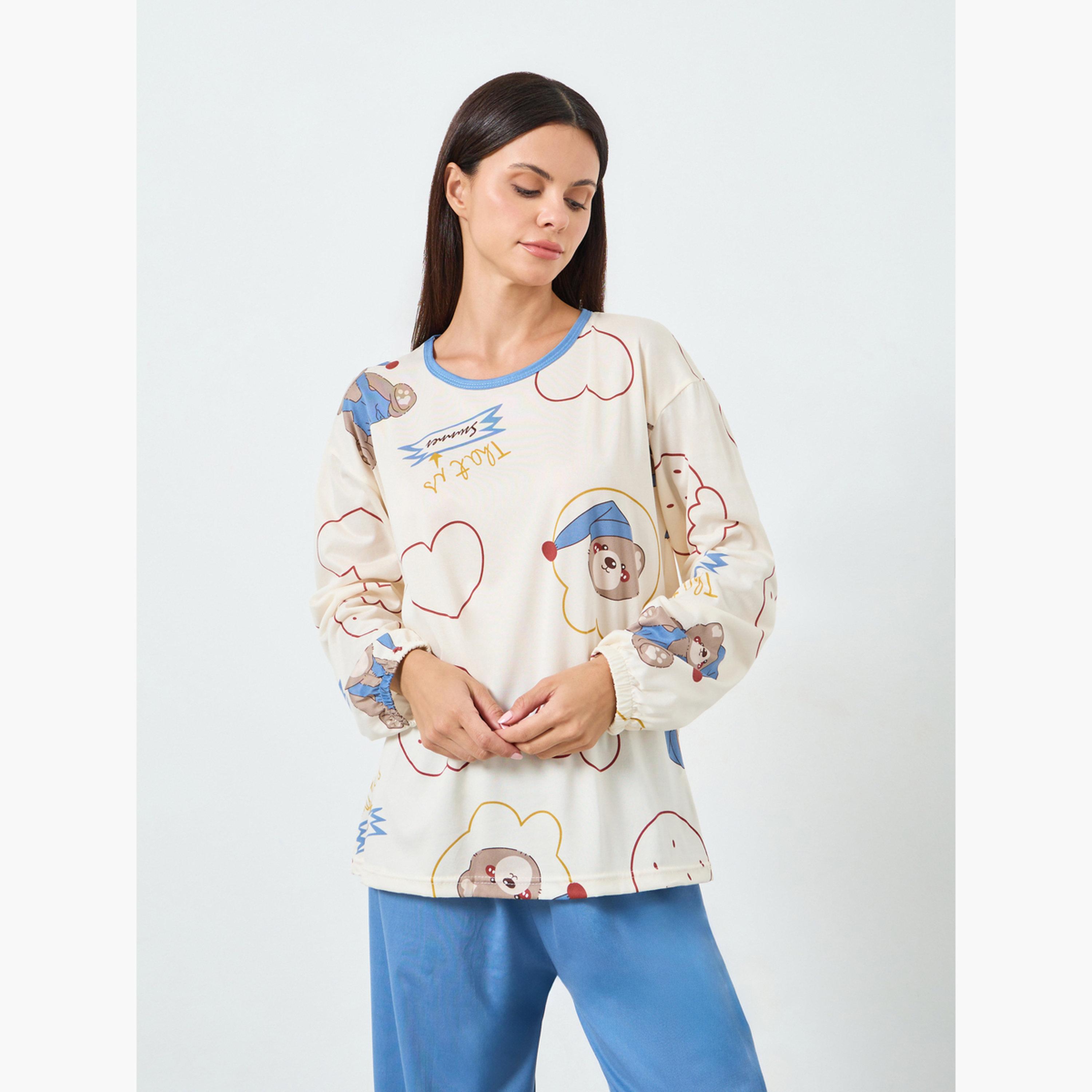 طقم تيشيرت بأكمام طويلة وبنطال بيجاما بطبعة دب-women-clothing-nightwear-pyjamas-longsets-image-2