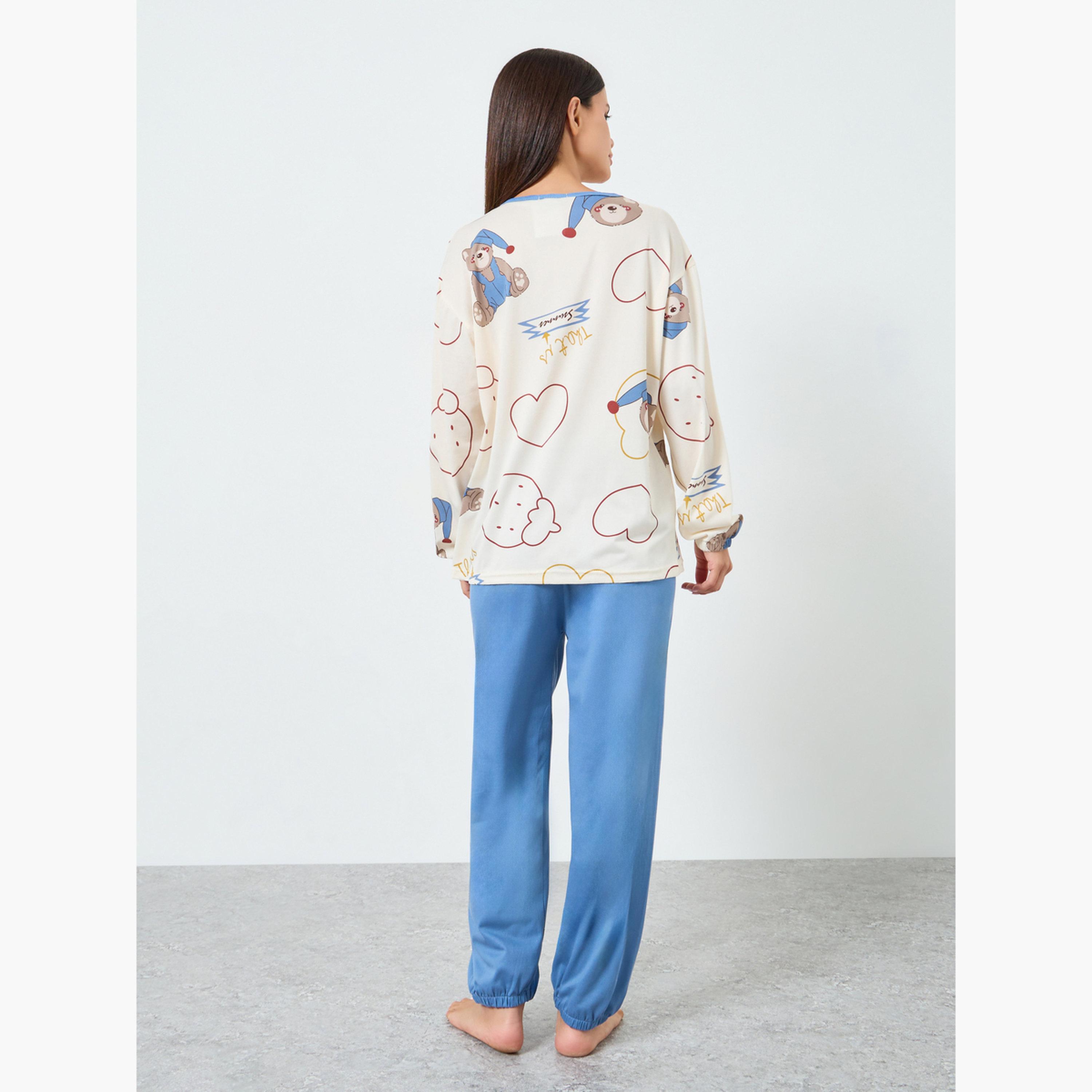 طقم تيشيرت بأكمام طويلة وبنطال بيجاما بطبعة دب-women-clothing-nightwear-pyjamas-longsets-image-3