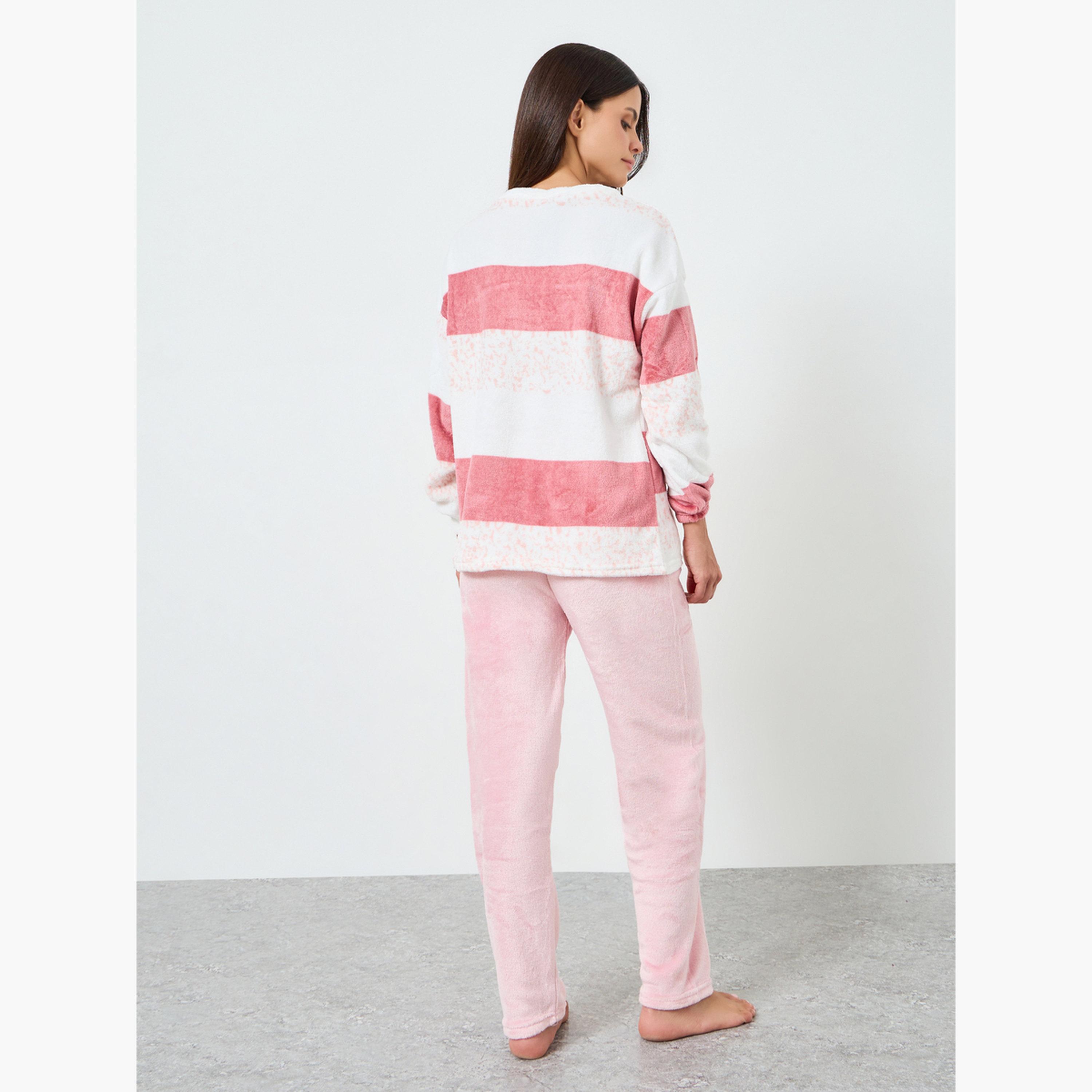 Styli Striped Fleece Top and Pyjama Set-women-clothing-nightwear-pyjamas-longsets-image-5