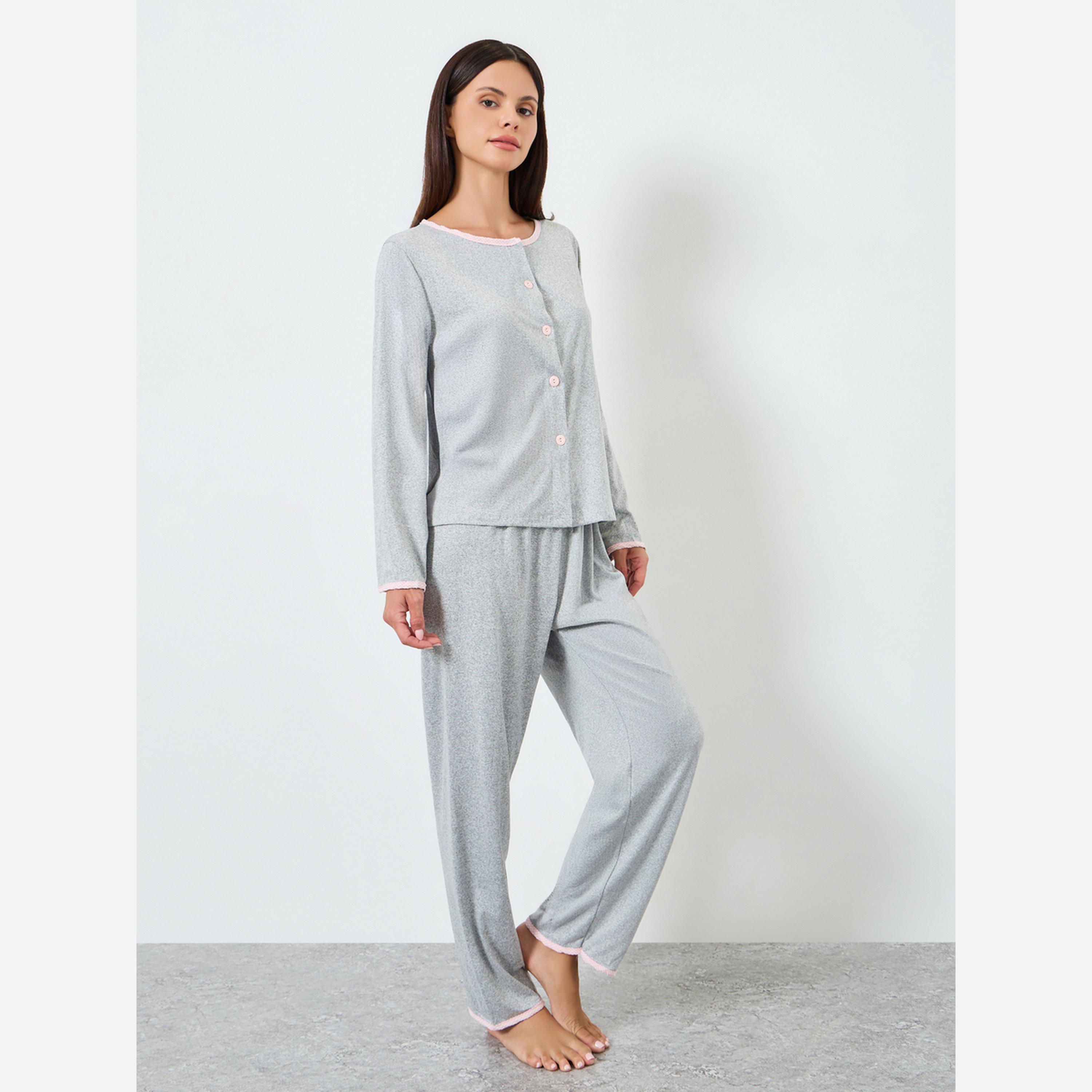 ستايلي - بيجاما فتحة أمامية سادة بلوزة وبنطال-women-clothing-nightwear-pyjamas-longsets-image-1