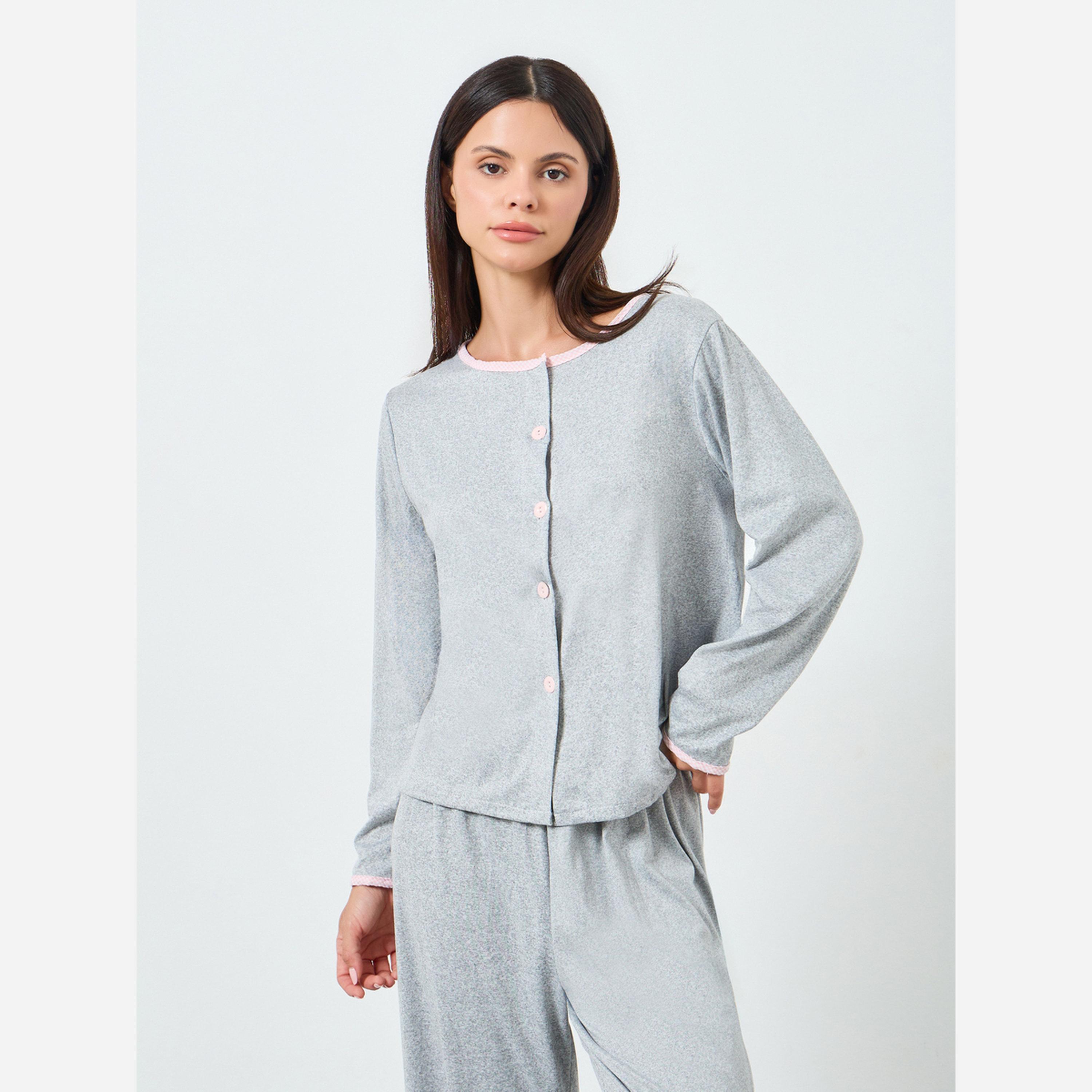 Styli Solid Opening Tops&Pants Pajama Long Sets-women-clothing-nightwear-pyjamas-longsets-image-2