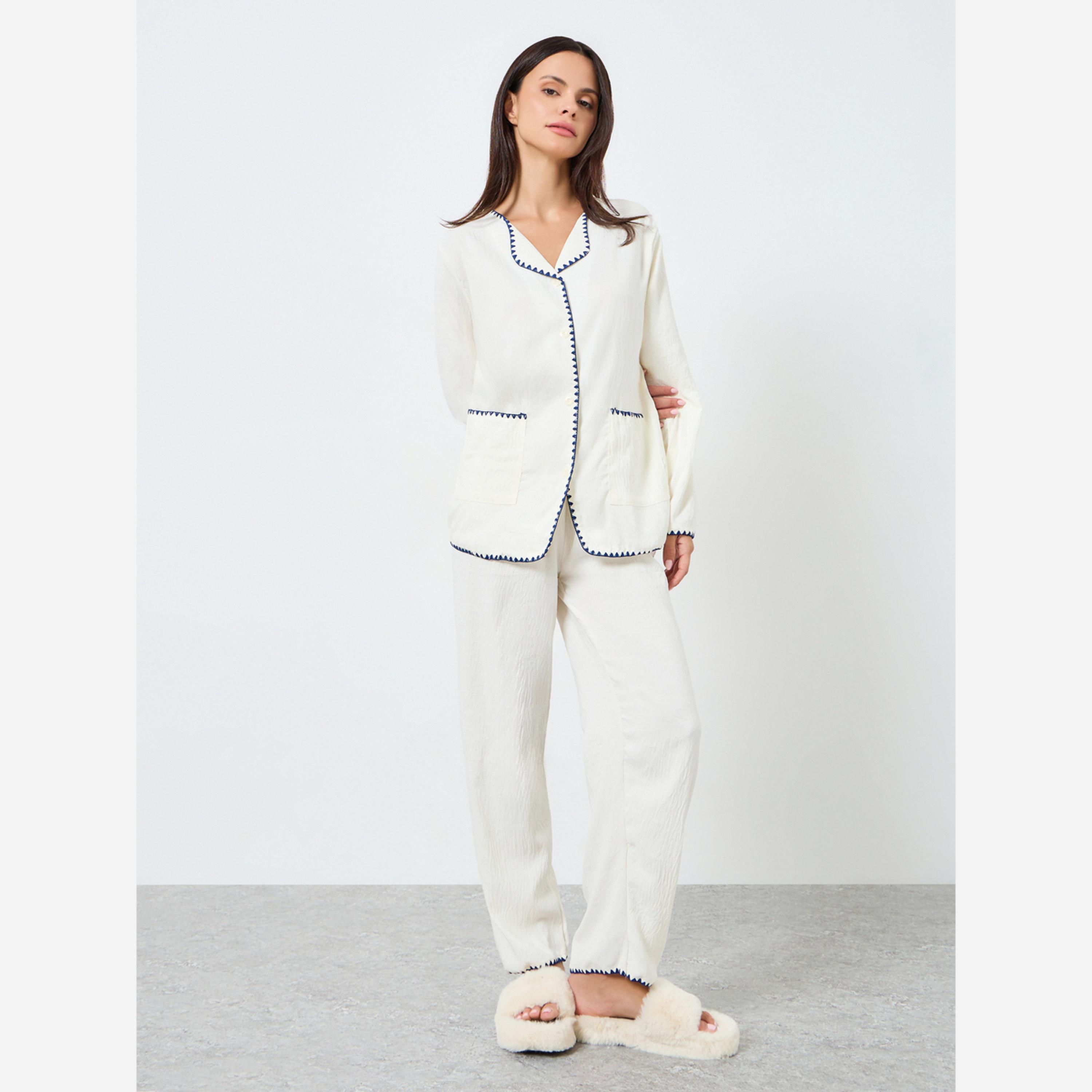 ستايلي - بيجاما طويل مكون من قميص وبنطال بلونين متناقضين-women-clothing-nightwear-pyjamas-longsets-image-1