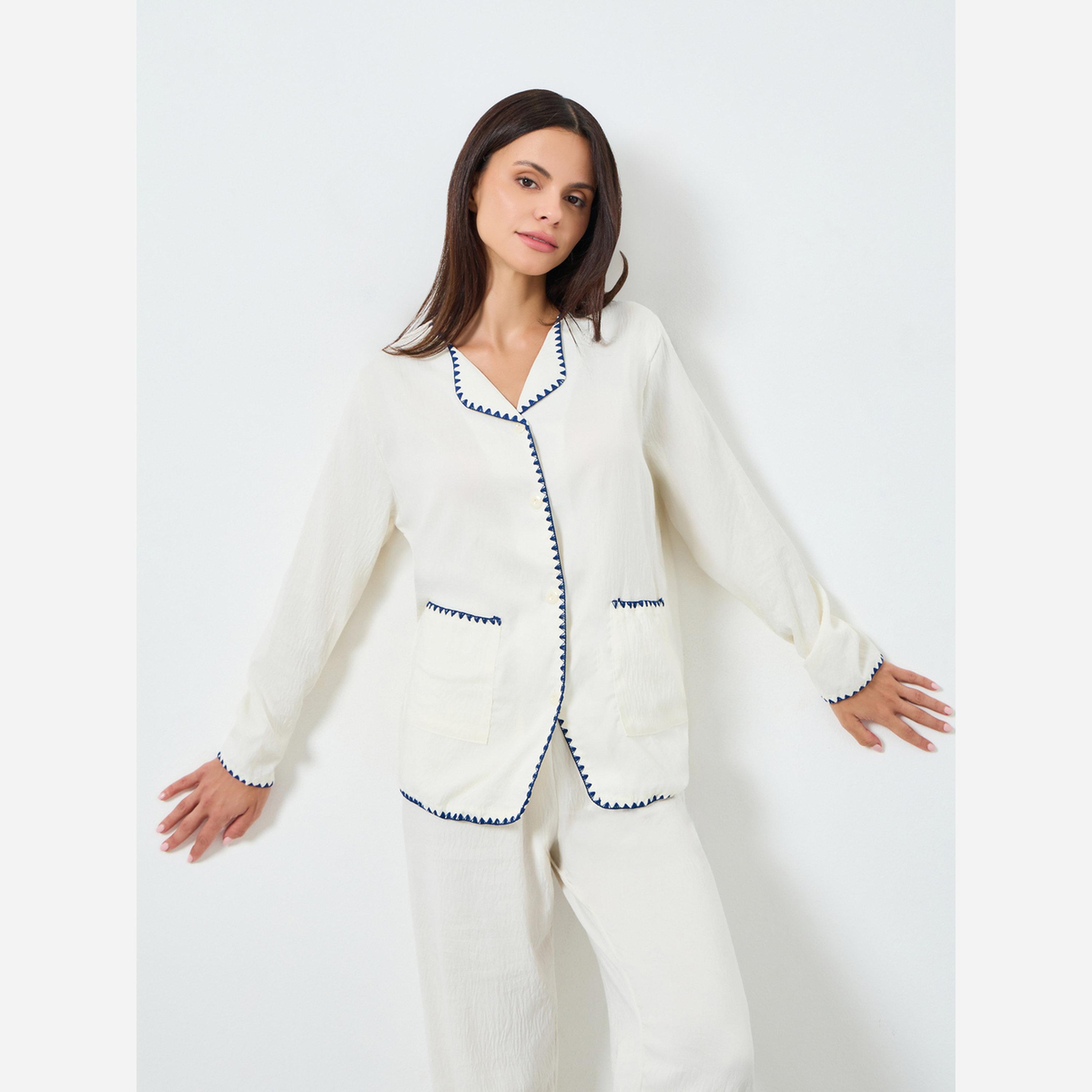 ستايلي - بيجاما طويل مكون من قميص وبنطال بلونين متناقضين-women-clothing-nightwear-pyjamas-longsets-image-2