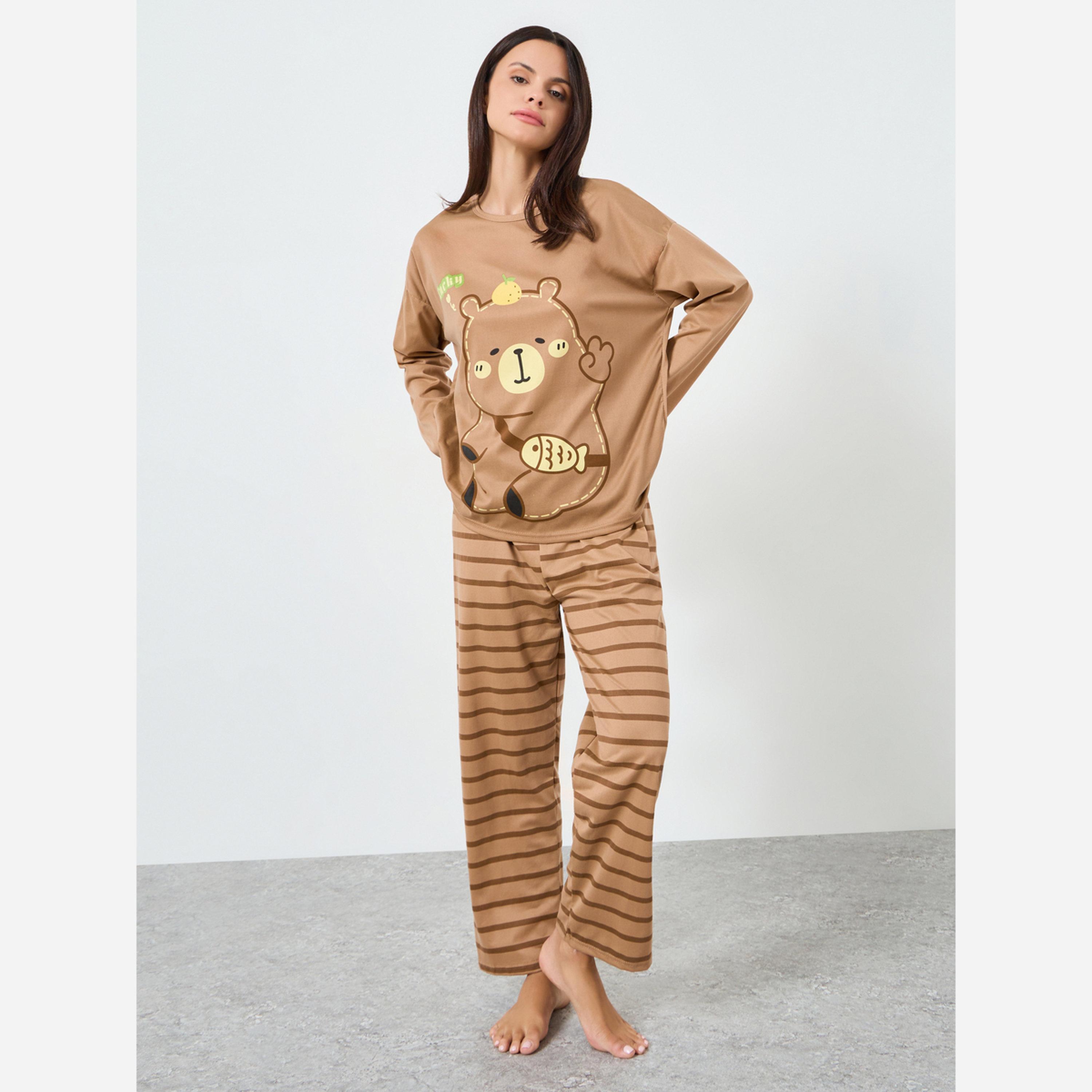 Styli Bear Printed Long Sleeve Tee&Pajama Long Sets-women-clothing-nightwear-pyjamas-longsets-image-1