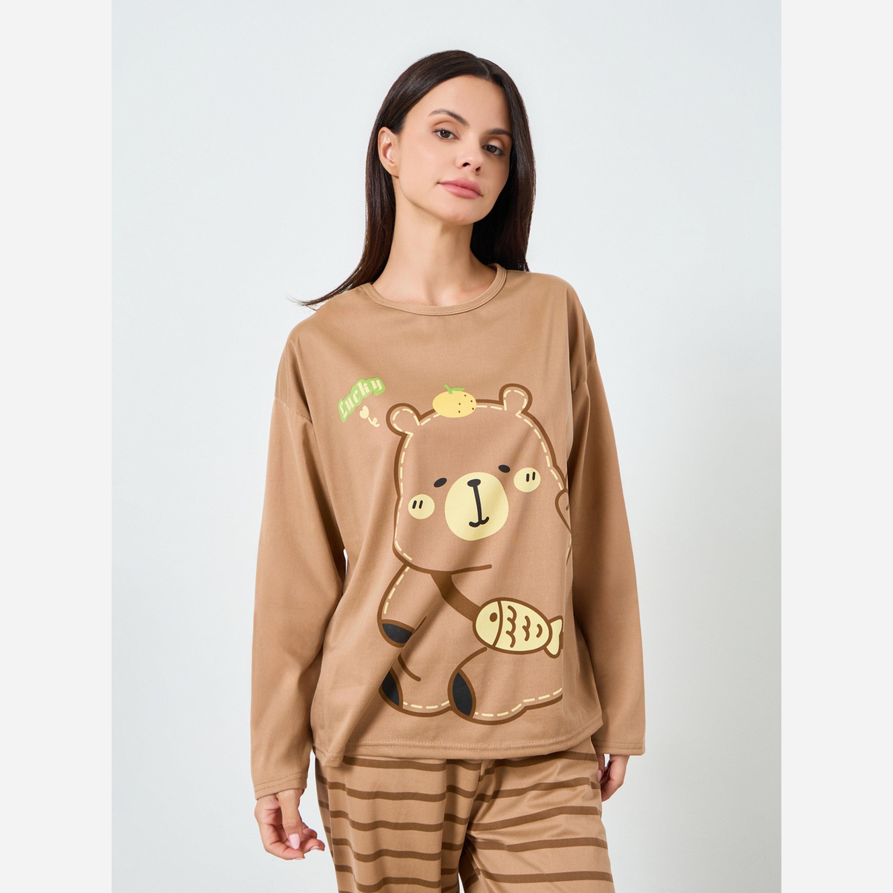 Styli Bear Printed Long Sleeve Tee&Pajama Long Sets-women-clothing-nightwear-pyjamas-longsets-image-2