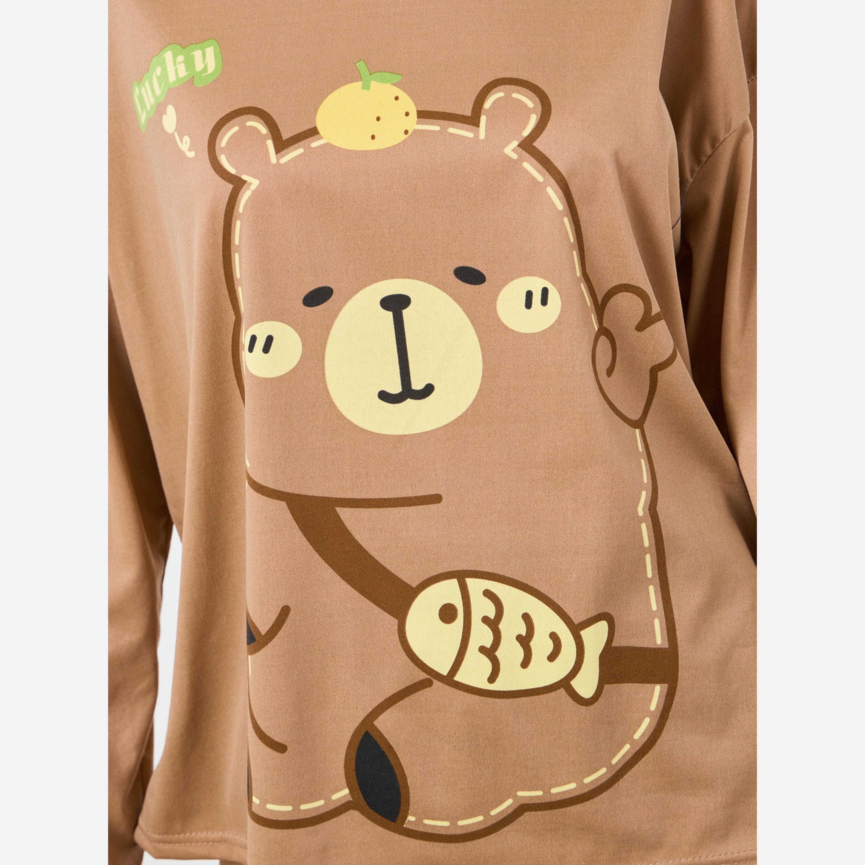 Styli Bear Printed Long Sleeve Tee&Pajama Long Sets-women-clothing-nightwear-pyjamas-longsets-image-6