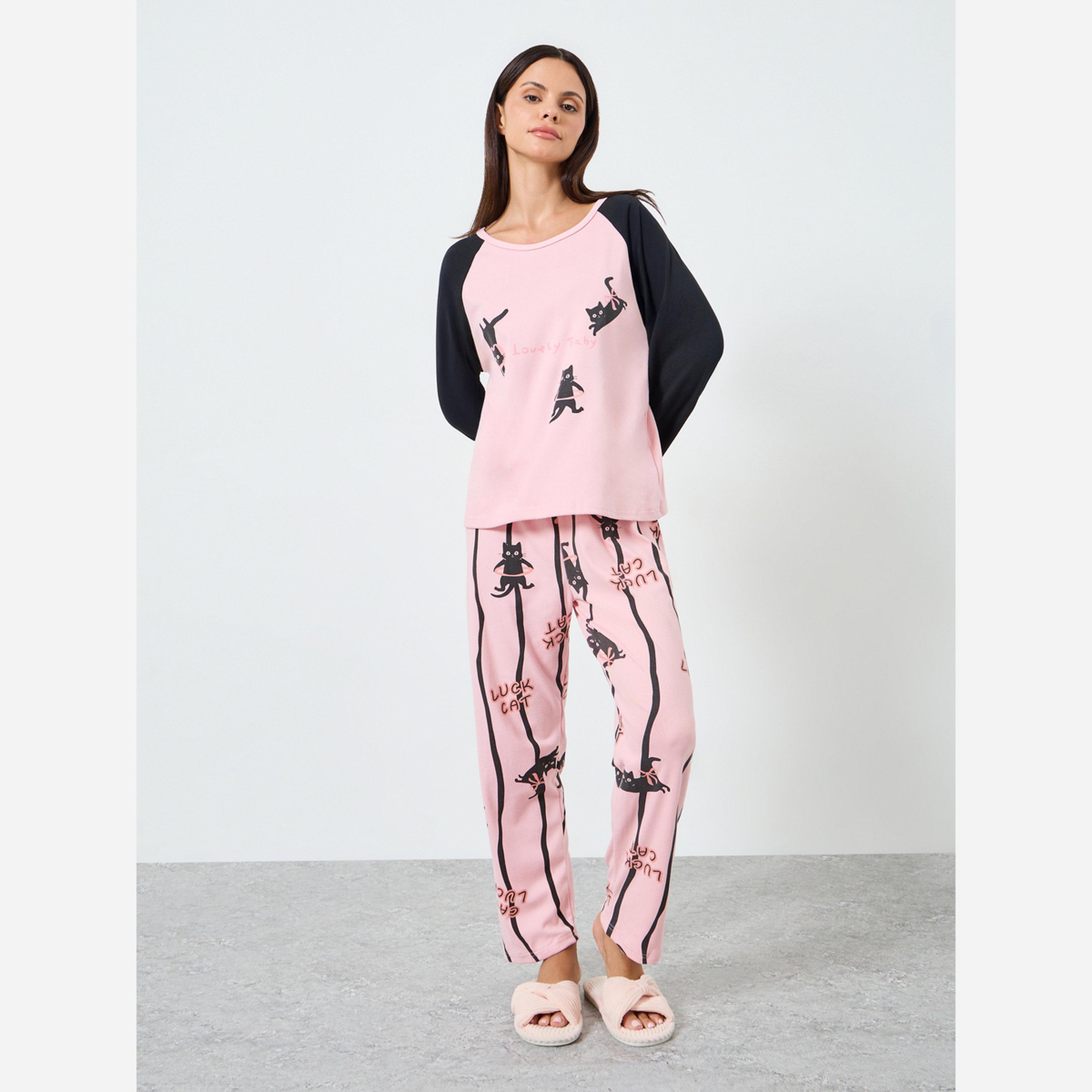 Styli Fleece Cat Printed Long Sleeve Tee&Pants Pajama Long Sets-women-clothing-nightwear-pyjamas-longsets-image-1