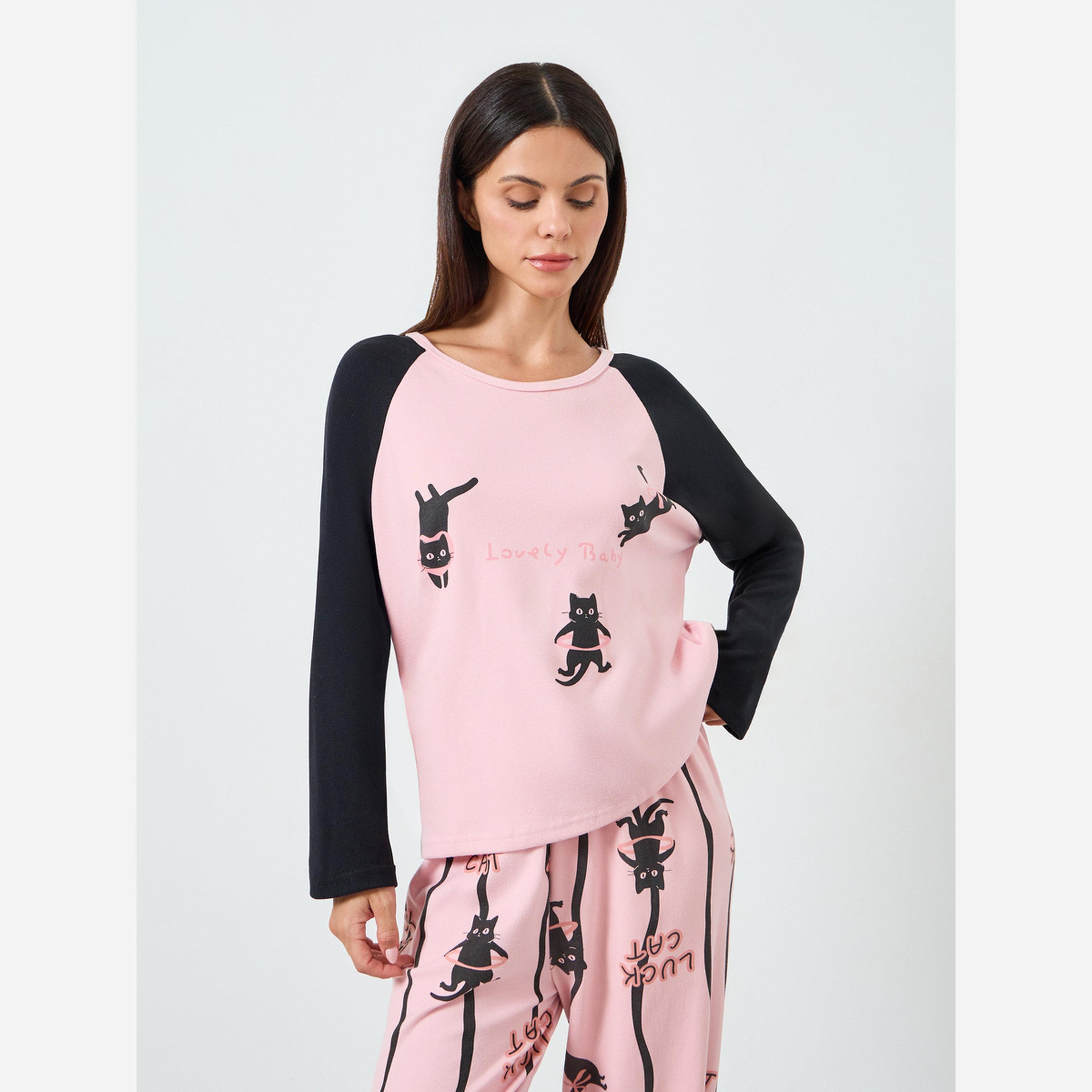 Styli Fleece Cat Printed Long Sleeve Tee&Pants Pajama Long Sets-women-clothing-nightwear-pyjamas-longsets-image-2