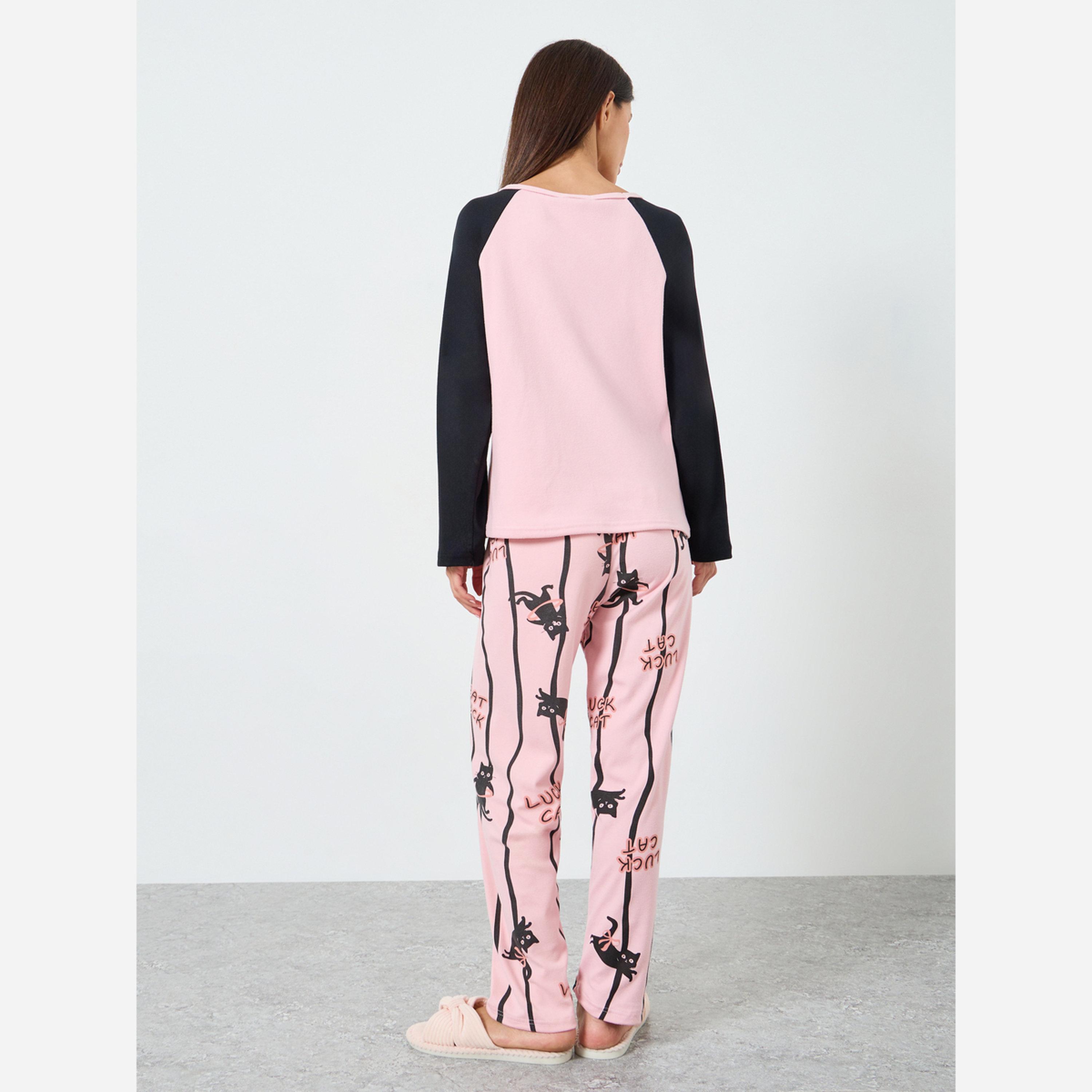 Styli Fleece Cat Printed Long Sleeve Tee&Pants Pajama Long Sets-women-clothing-nightwear-pyjamas-longsets-image-3
