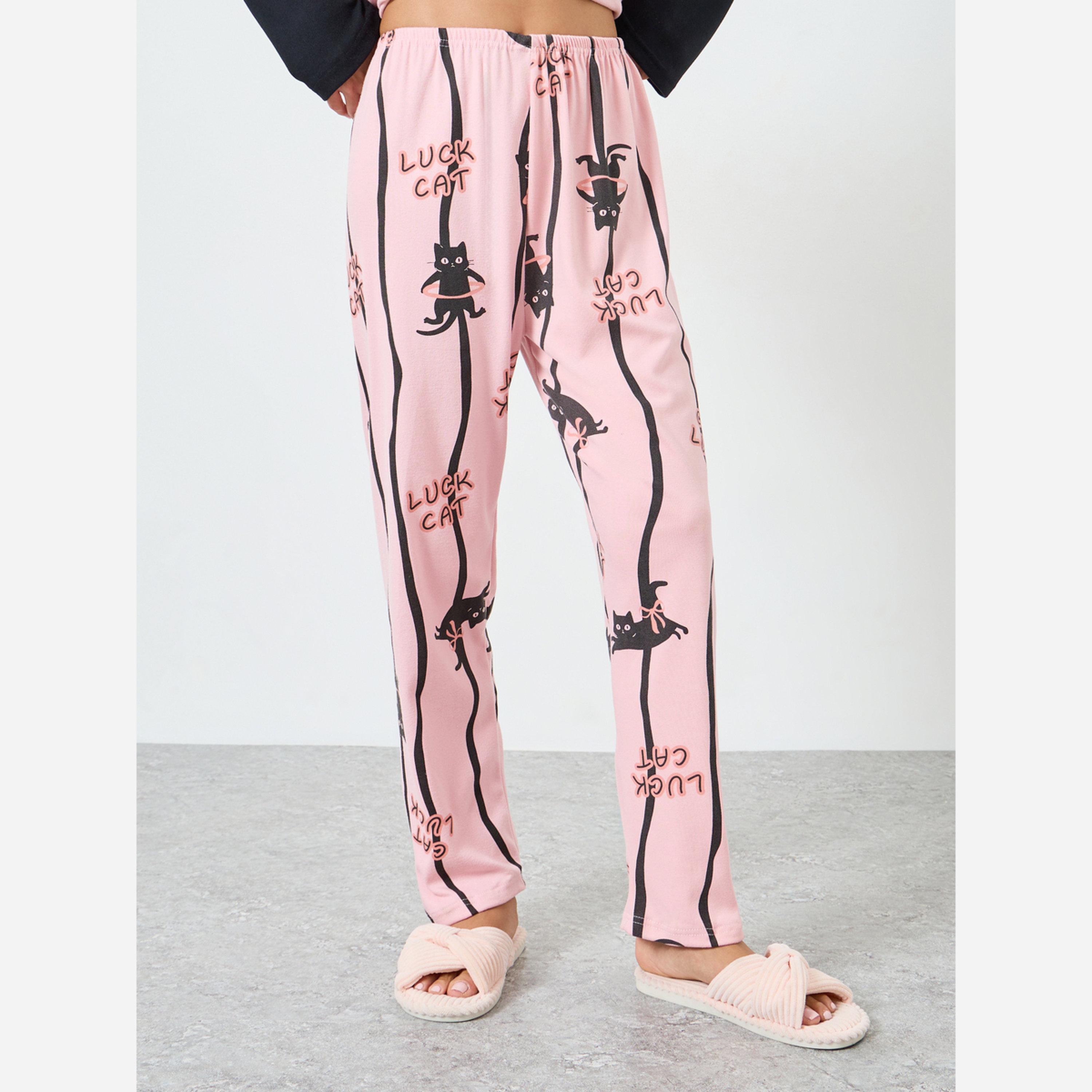 Styli Fleece Cat Printed Long Sleeve Tee&Pants Pajama Long Sets-women-clothing-nightwear-pyjamas-longsets-image-4