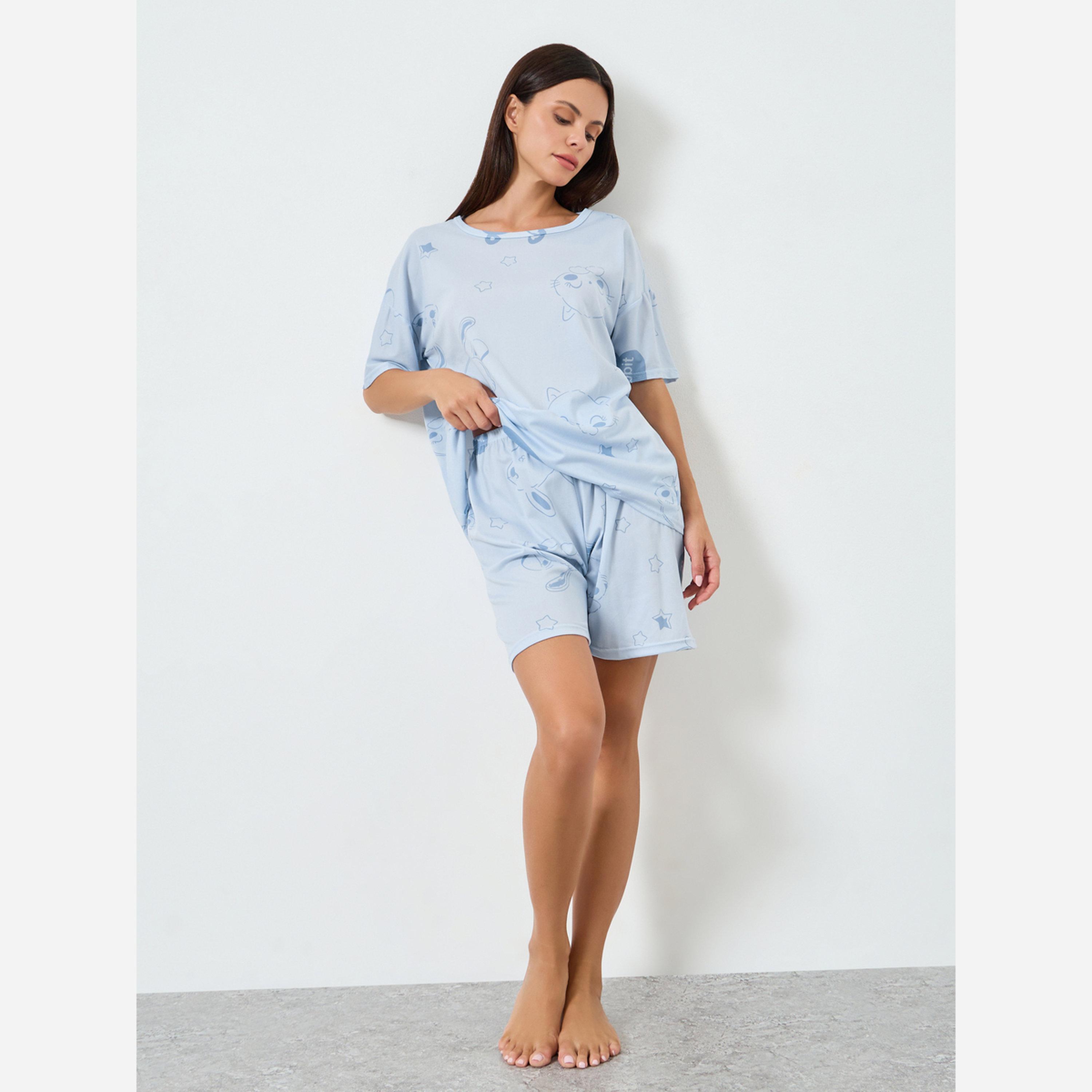 Styli Printed Tee&Shorts Pajama Short Sets-women-clothing-nightwear-pyjamas-shortsets-image-2