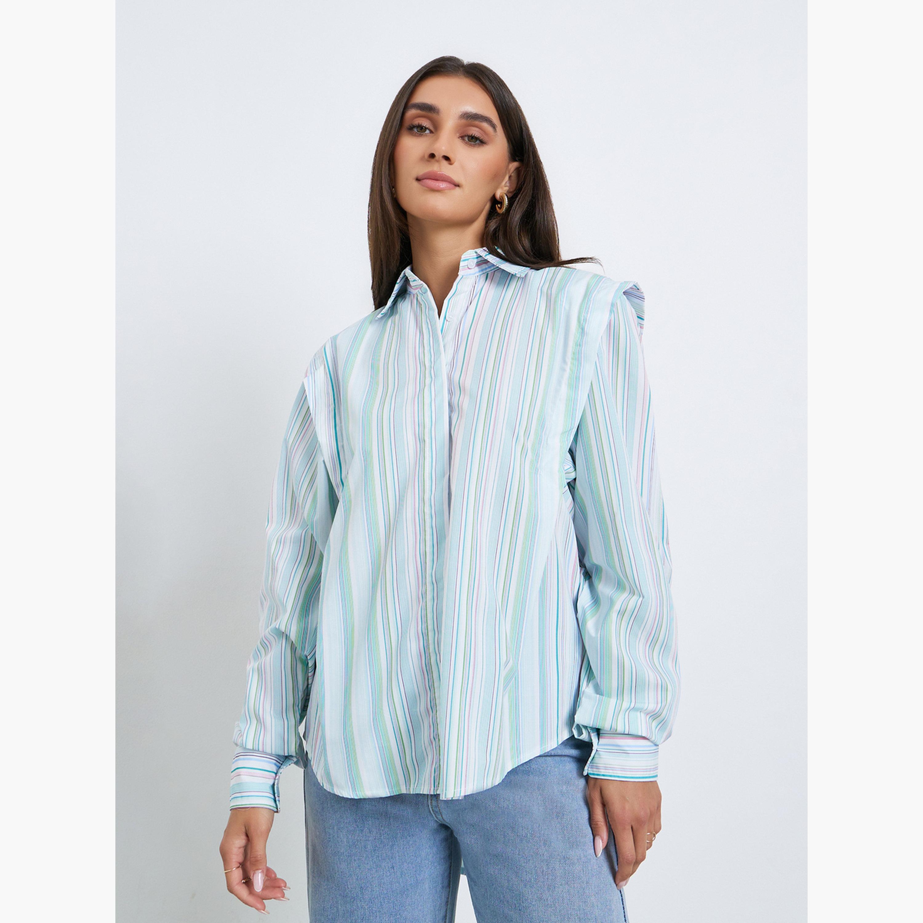 قميص بقصة واسعة ومخطط بحافة منسدلة-women-clothing-shirtsandblouses-shirts-image-1