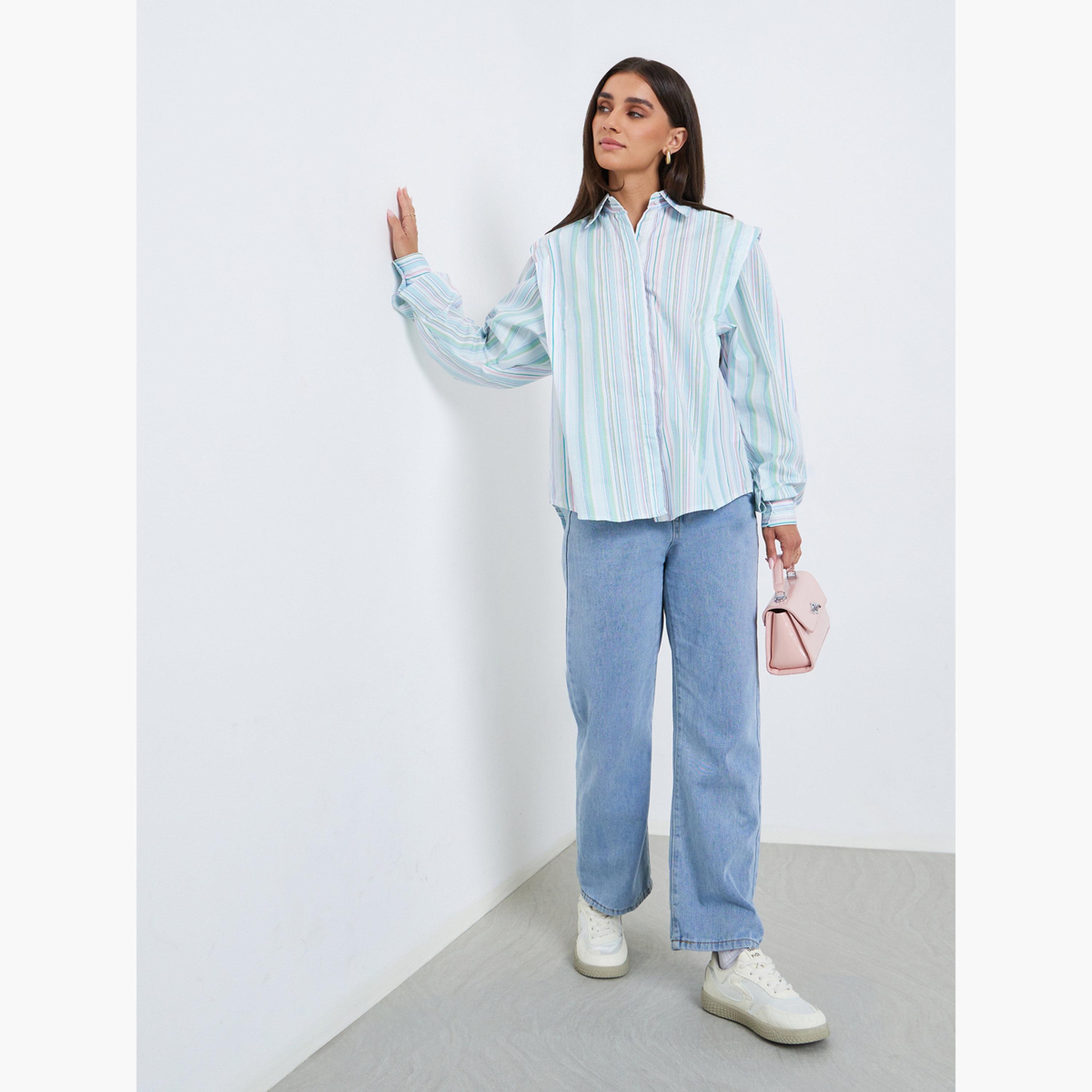 Styli Women Striped Drop Hem Oversized Shirt-women-clothing-shirtsandblouses-shirts-image-2