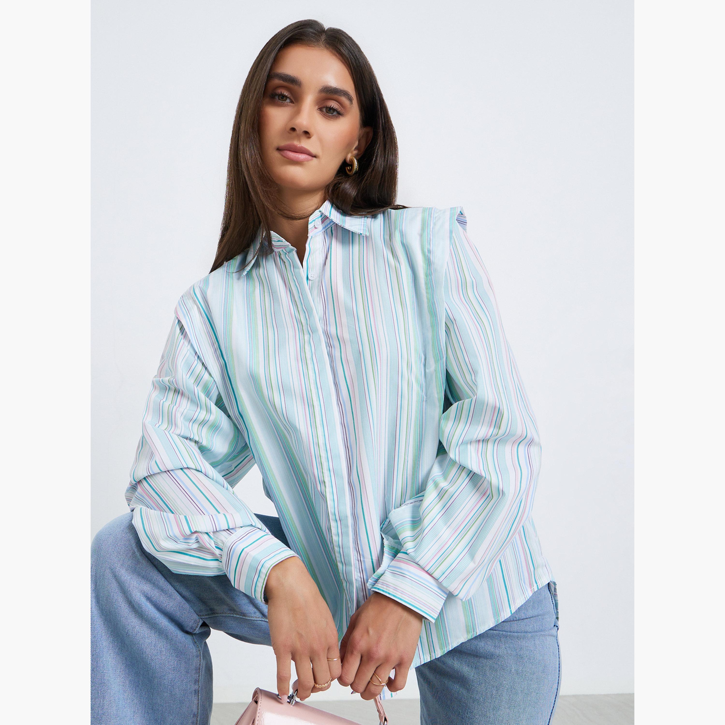 قميص بقصة واسعة ومخطط بحافة منسدلة-women-clothing-shirtsandblouses-shirts-image-3