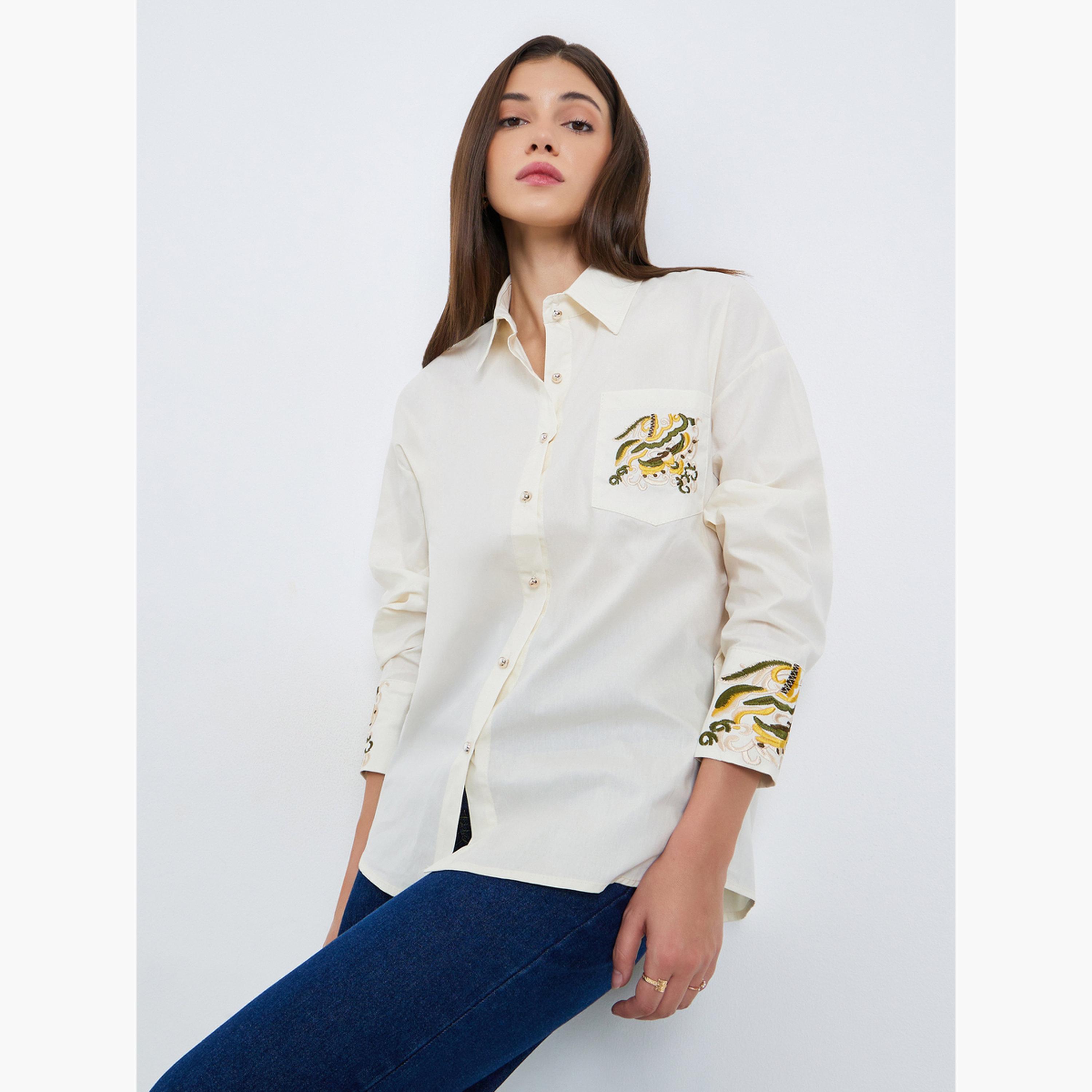 Styli Women Beige Embroidered Oversized Shirt-women-clothing-shirtsandblouses-shirts-image-1