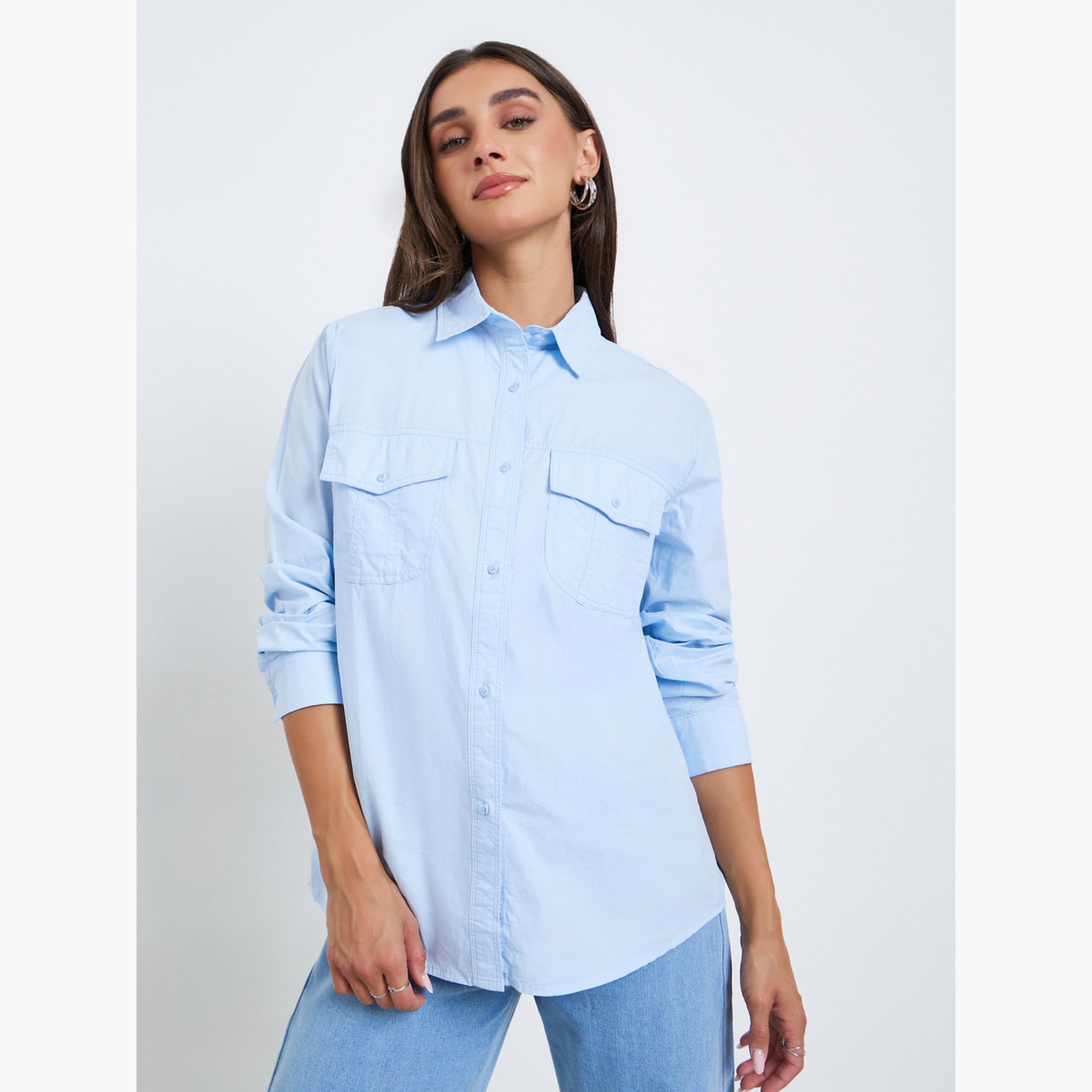 Styli Women Light Blue Long Sleeve Oversized Shirt-women-clothing-shirtsandblouses-shirts-image-1