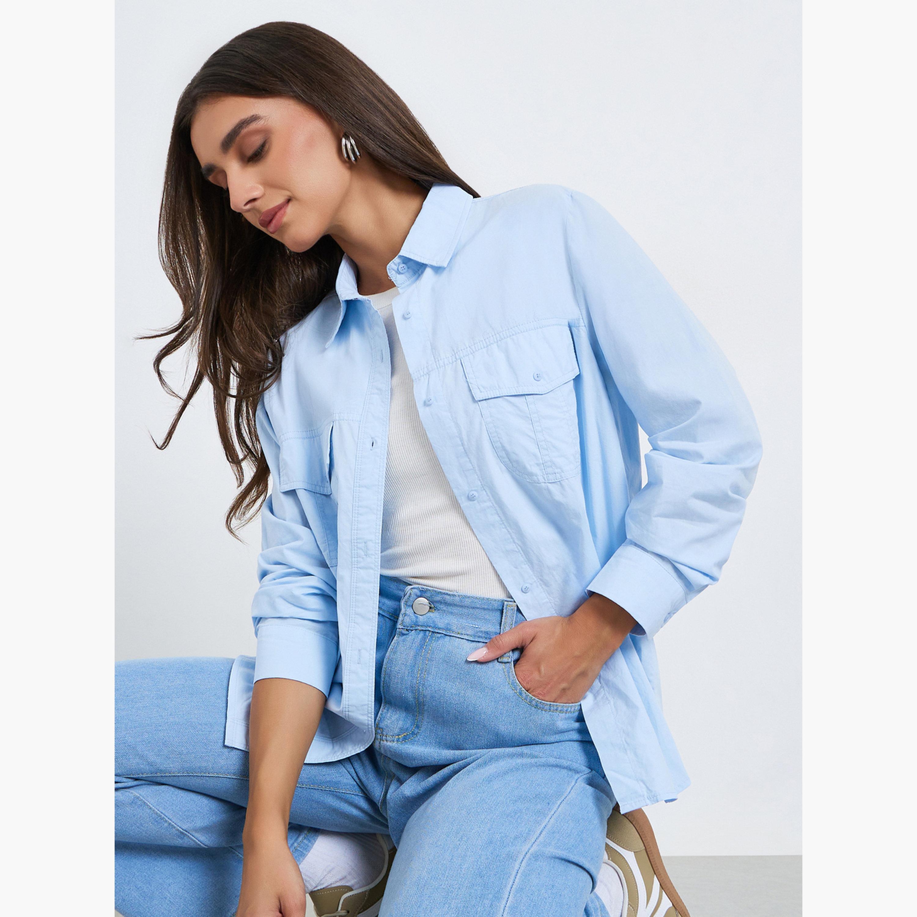 Styli Women Light Blue Long Sleeve Oversized Shirt-women-clothing-shirtsandblouses-shirts-image-3