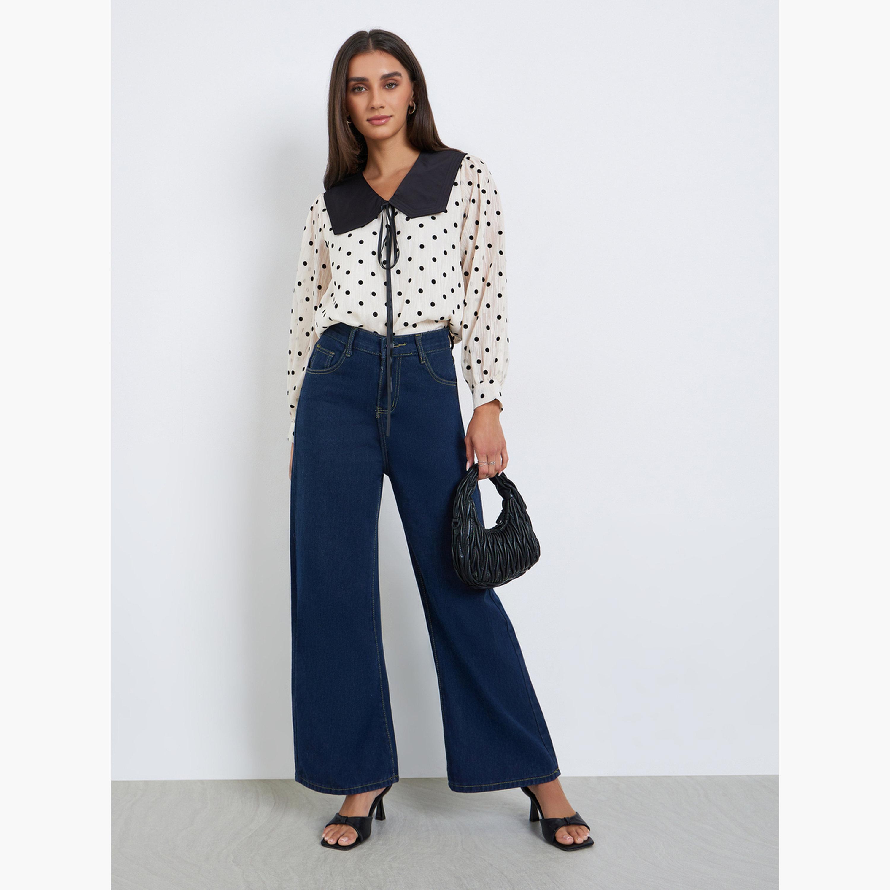 بلوزة بيج مُنقّطة بياقة مُتباينة-women-clothing-shirtsandblouses-blouses-image-2