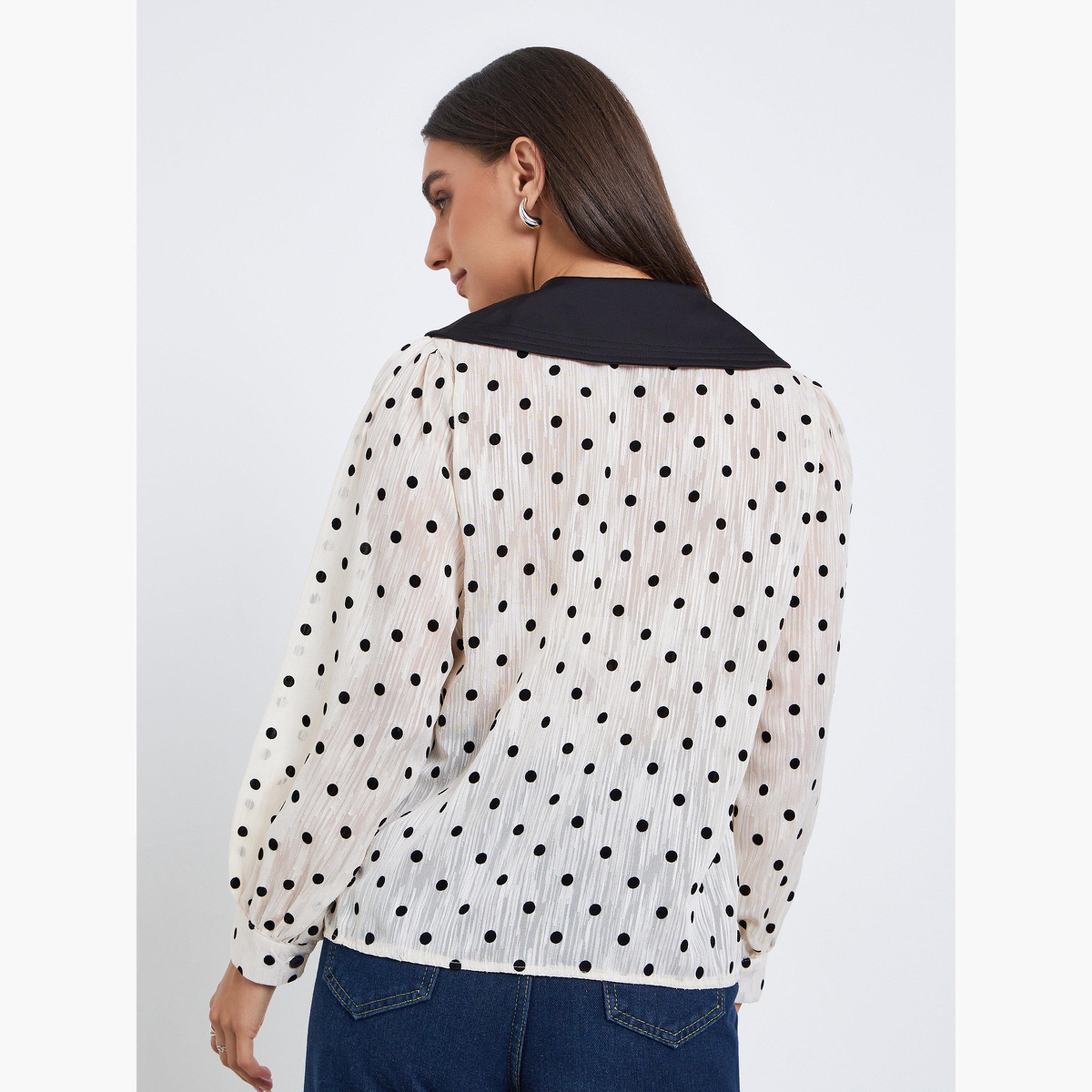 بلوزة بيج مُنقّطة بياقة مُتباينة-women-clothing-shirtsandblouses-blouses-image-5