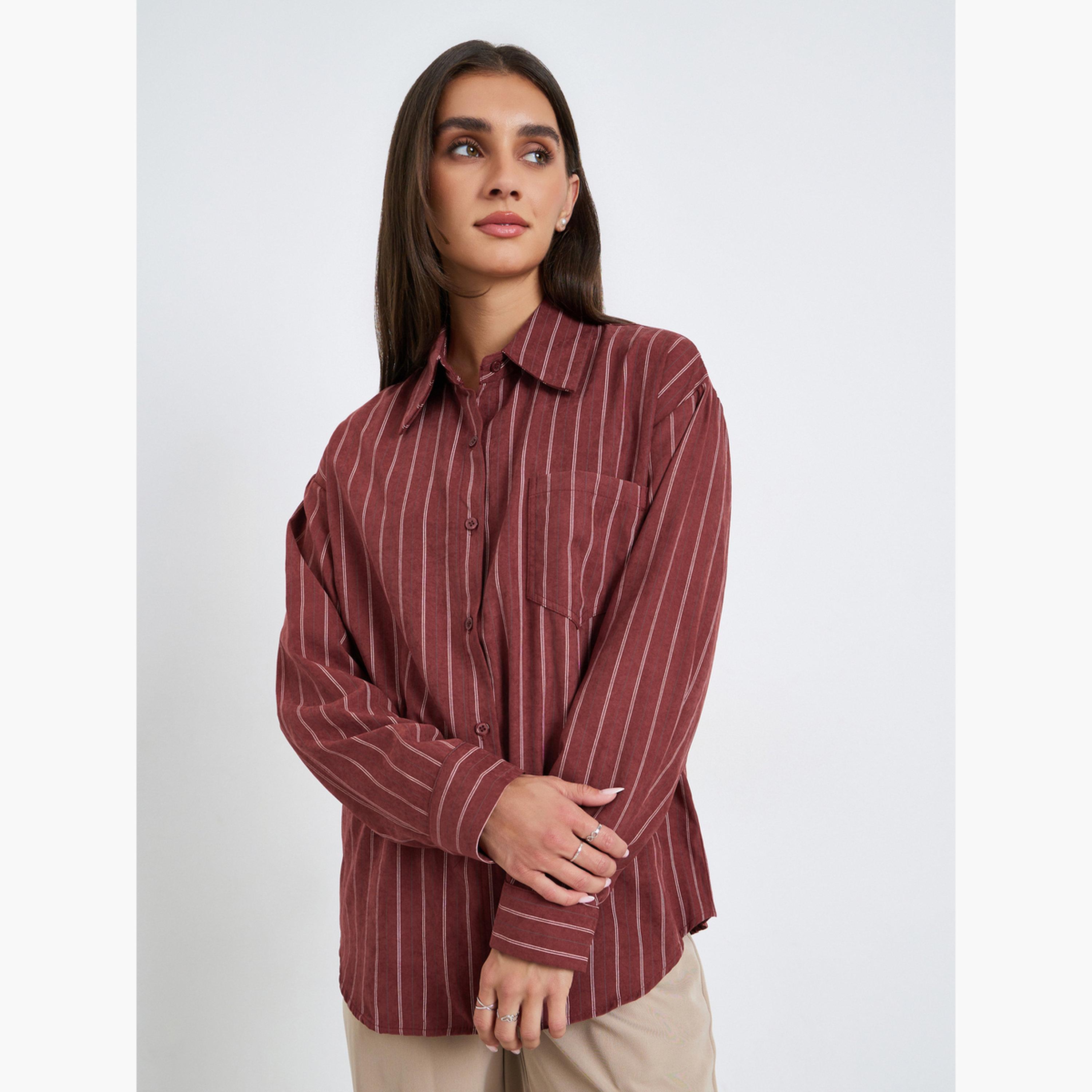 Styli Women Red Striped Long Sleeve Oversized Shirt-women-clothing-shirtsandblouses-shirts-image-1