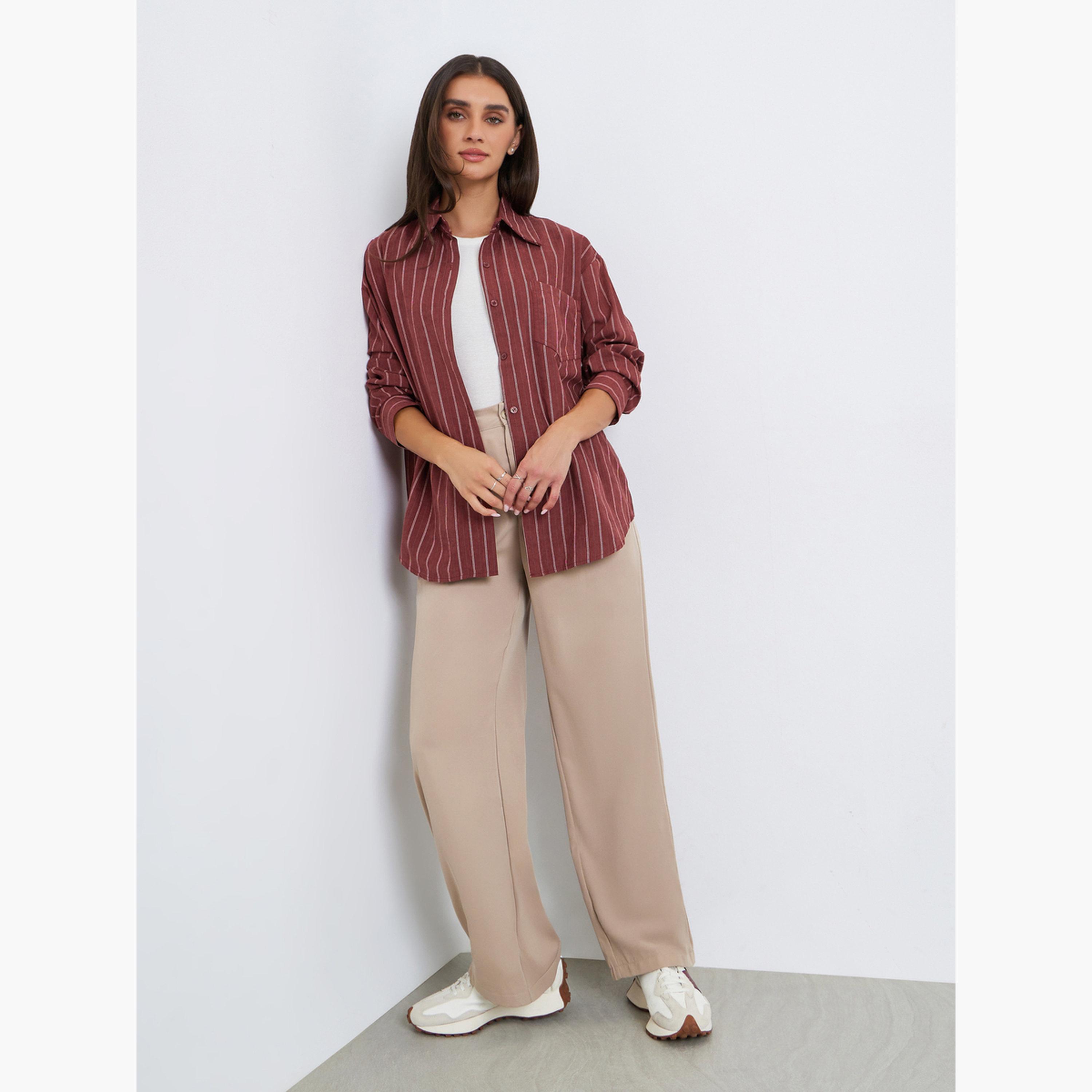 Styli Women Red Striped Long Sleeve Oversized Shirt-women-clothing-shirtsandblouses-shirts-image-2